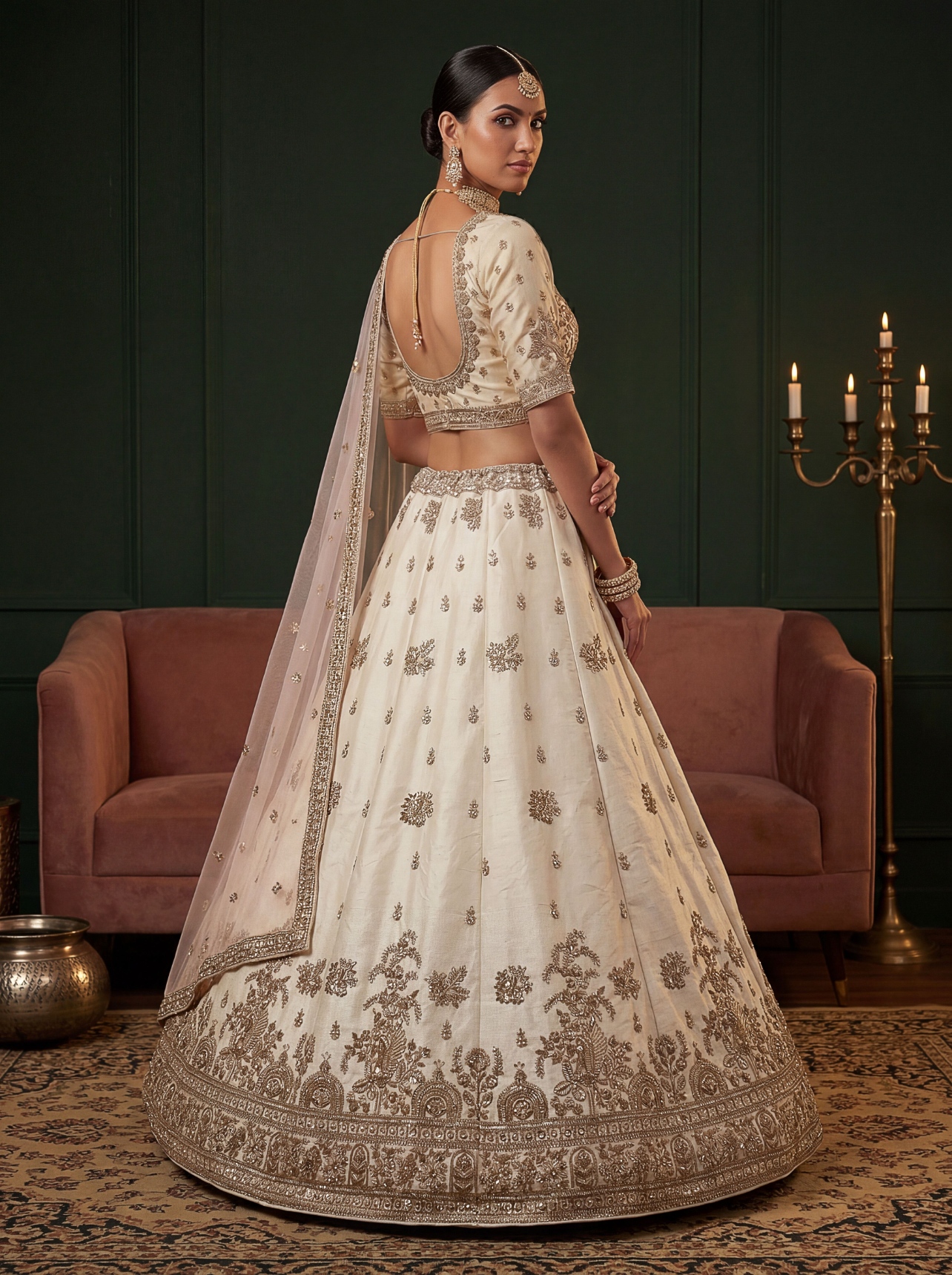 Off White Embroidered Gadwal Silk Lehenga Choli — alternate view