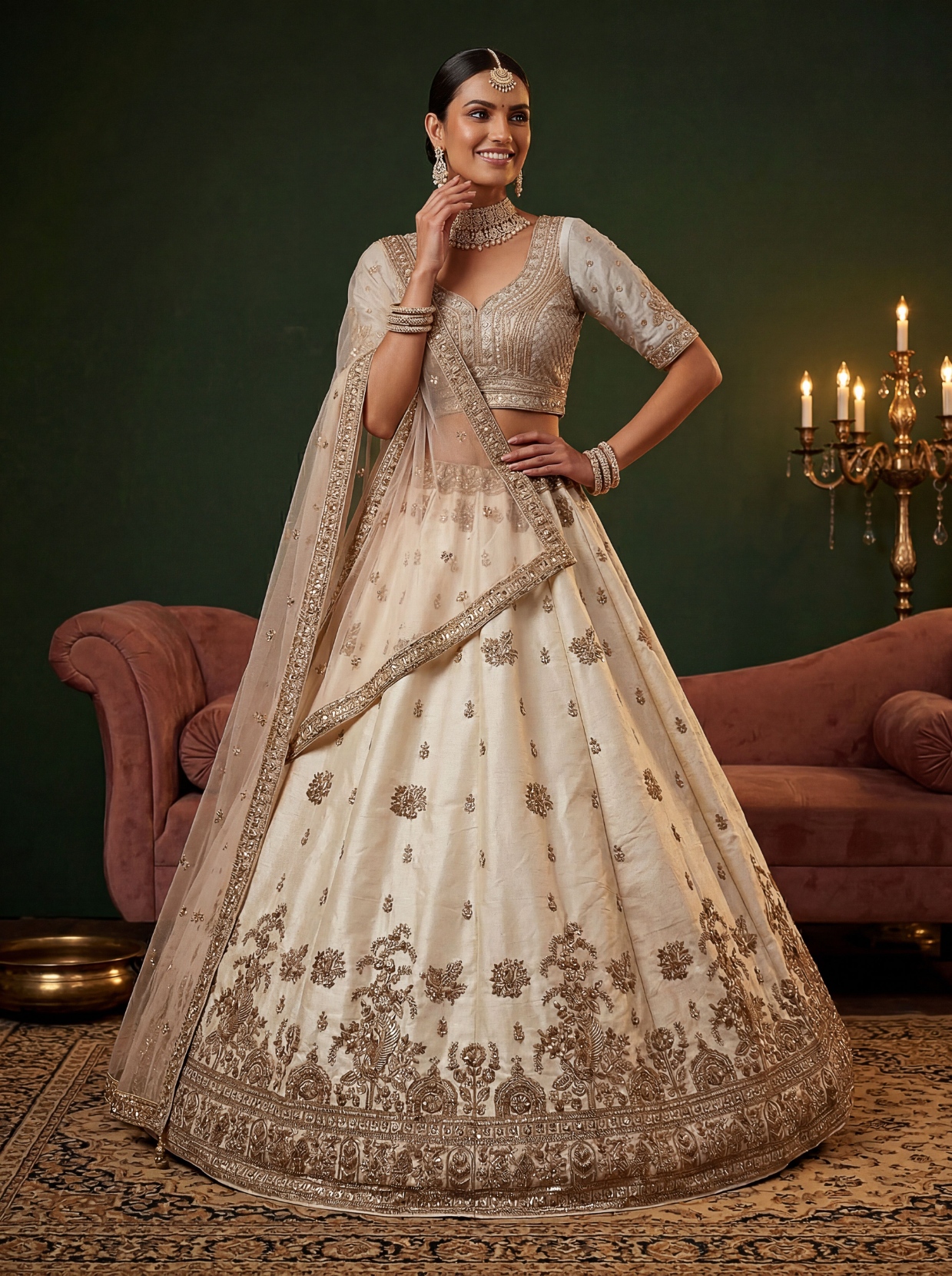 Off White Embroidered Gadwal Silk Lehenga Choli