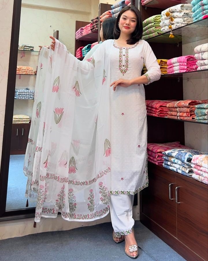 Off White Embroidered Georgette Anarkali Suit
