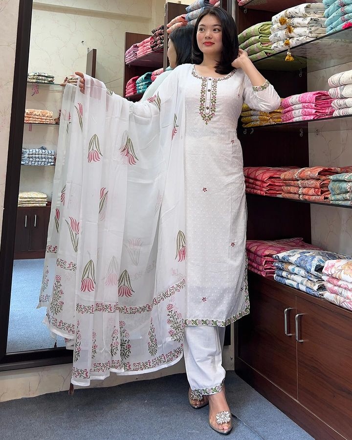 Off White Embroidered Georgette Anarkali Suit
