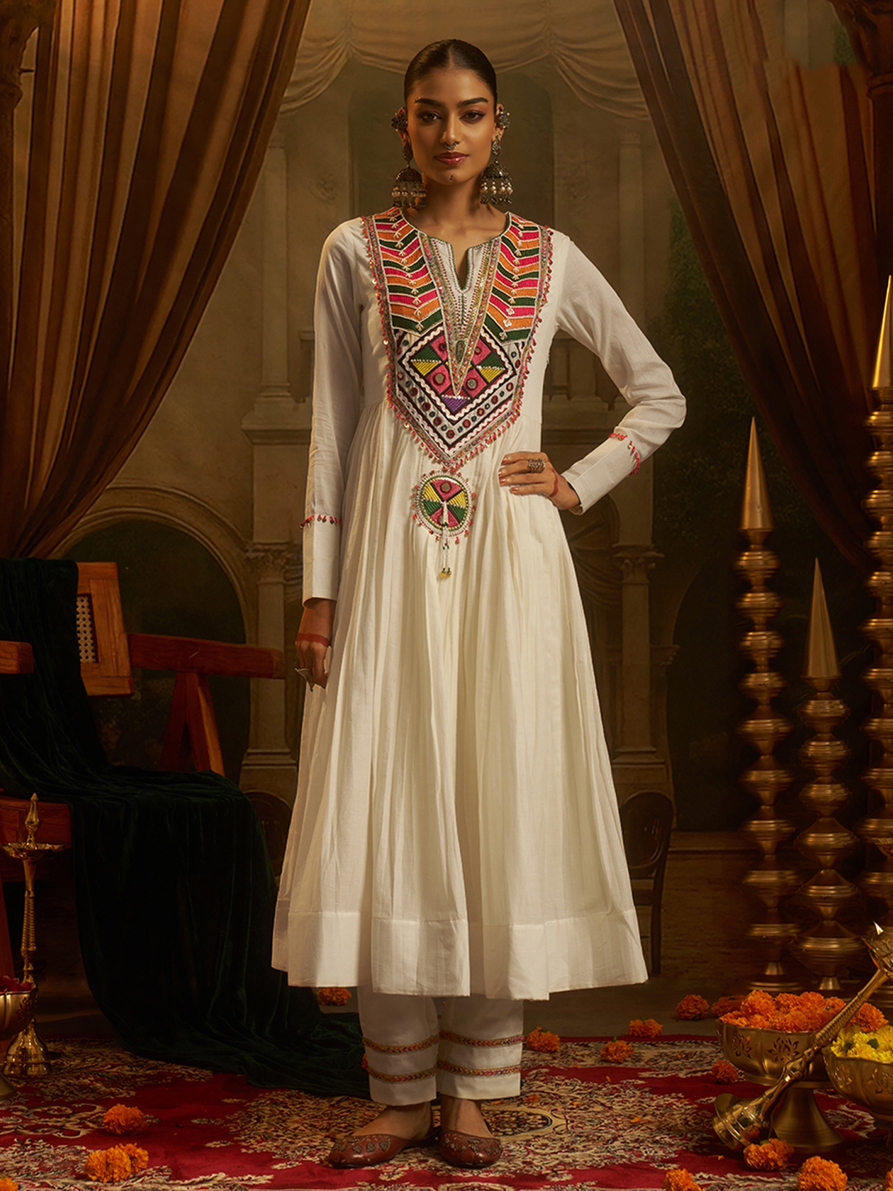 Off White Embroidered Mul Cotton Anarkali Kurta