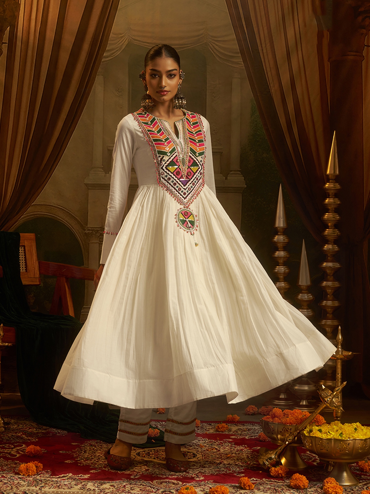 Off White Embroidered Mul Cotton Anarkali Kurta