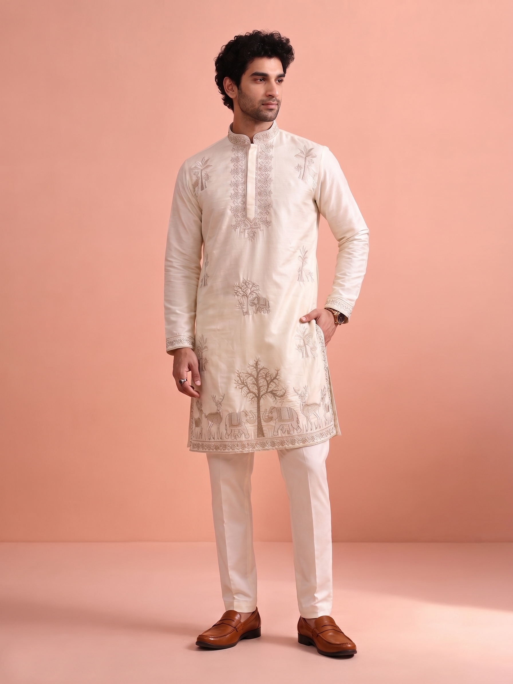 Off White Embroidered Nio Satin Kurta Trouser Set