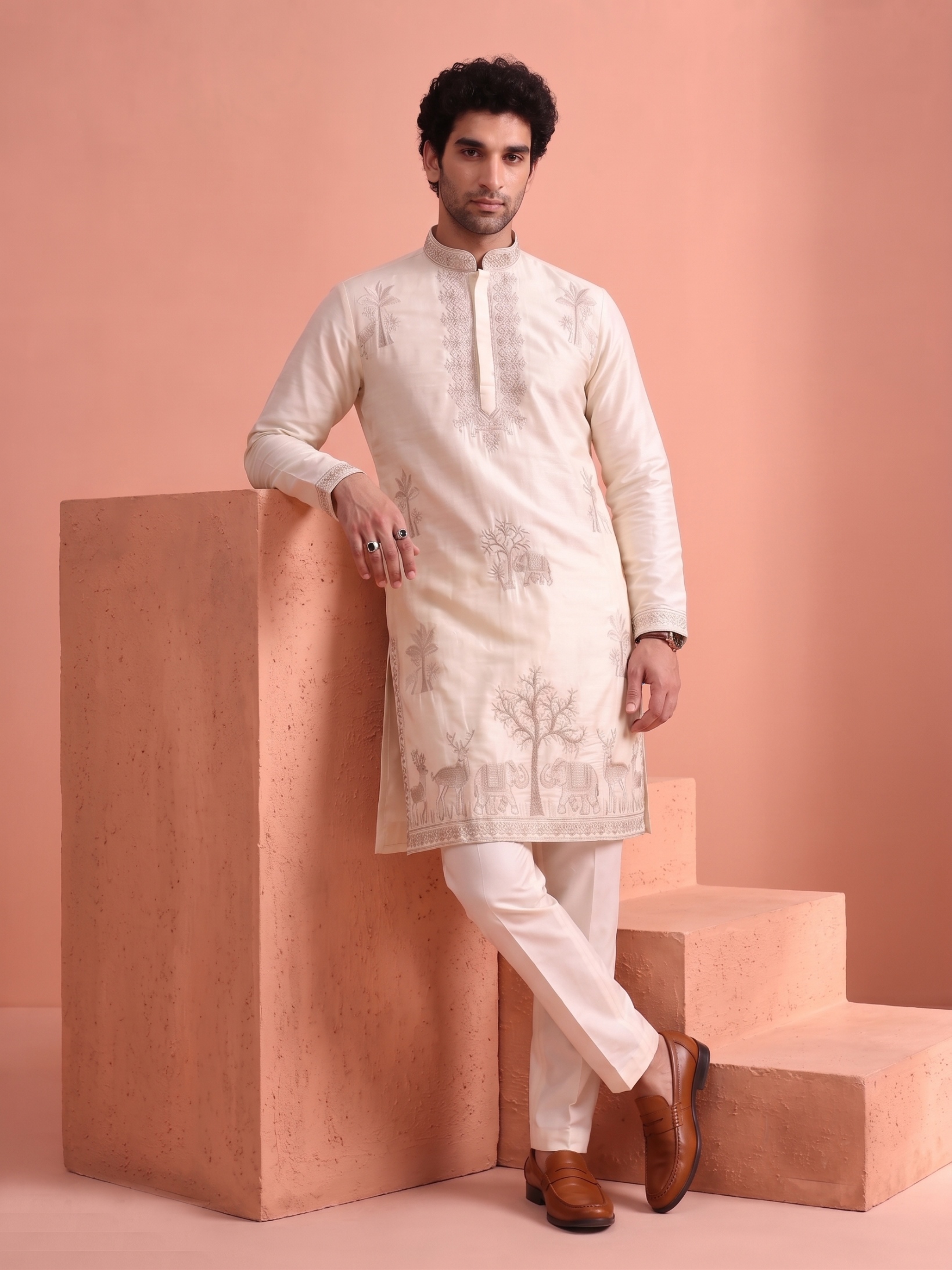 Off White Embroidered Nio Satin Kurta Trouser Set — alternate view