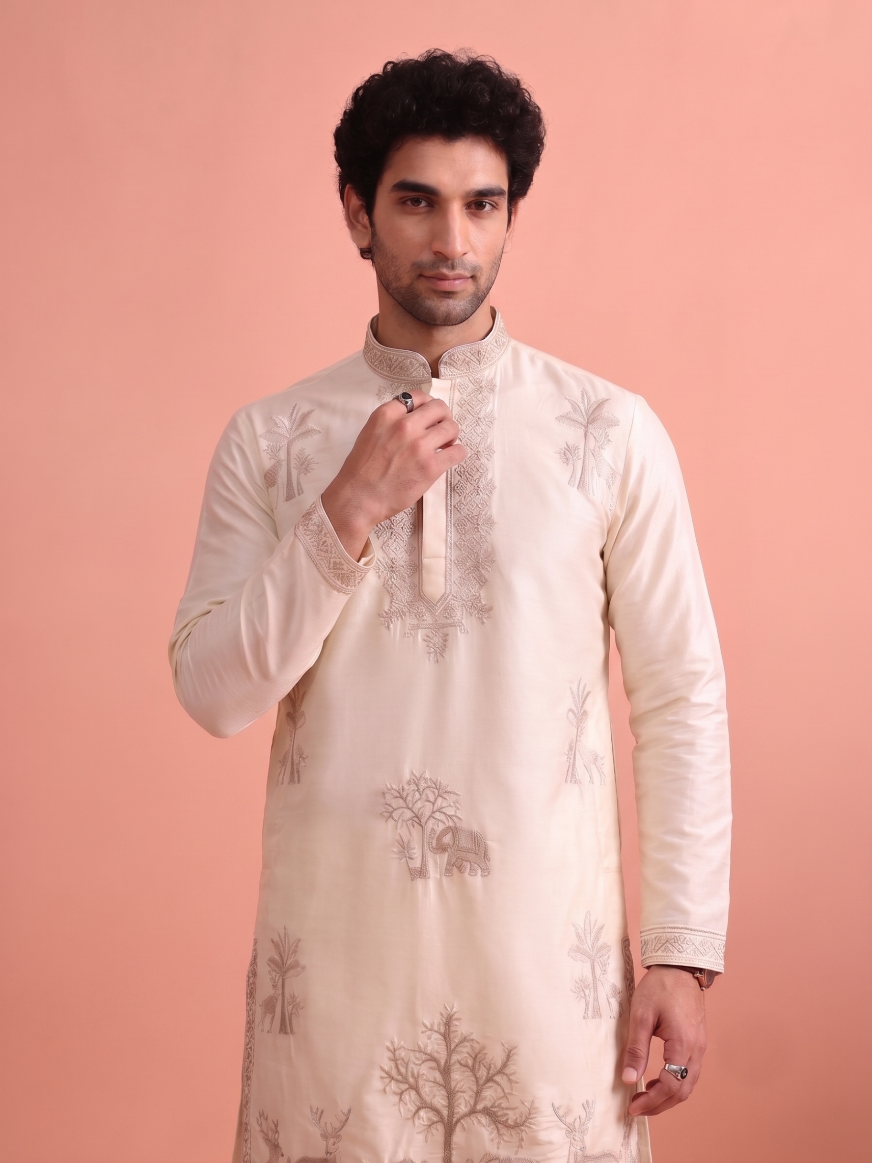 Off White Embroidered Nio Satin Kurta Trouser Set