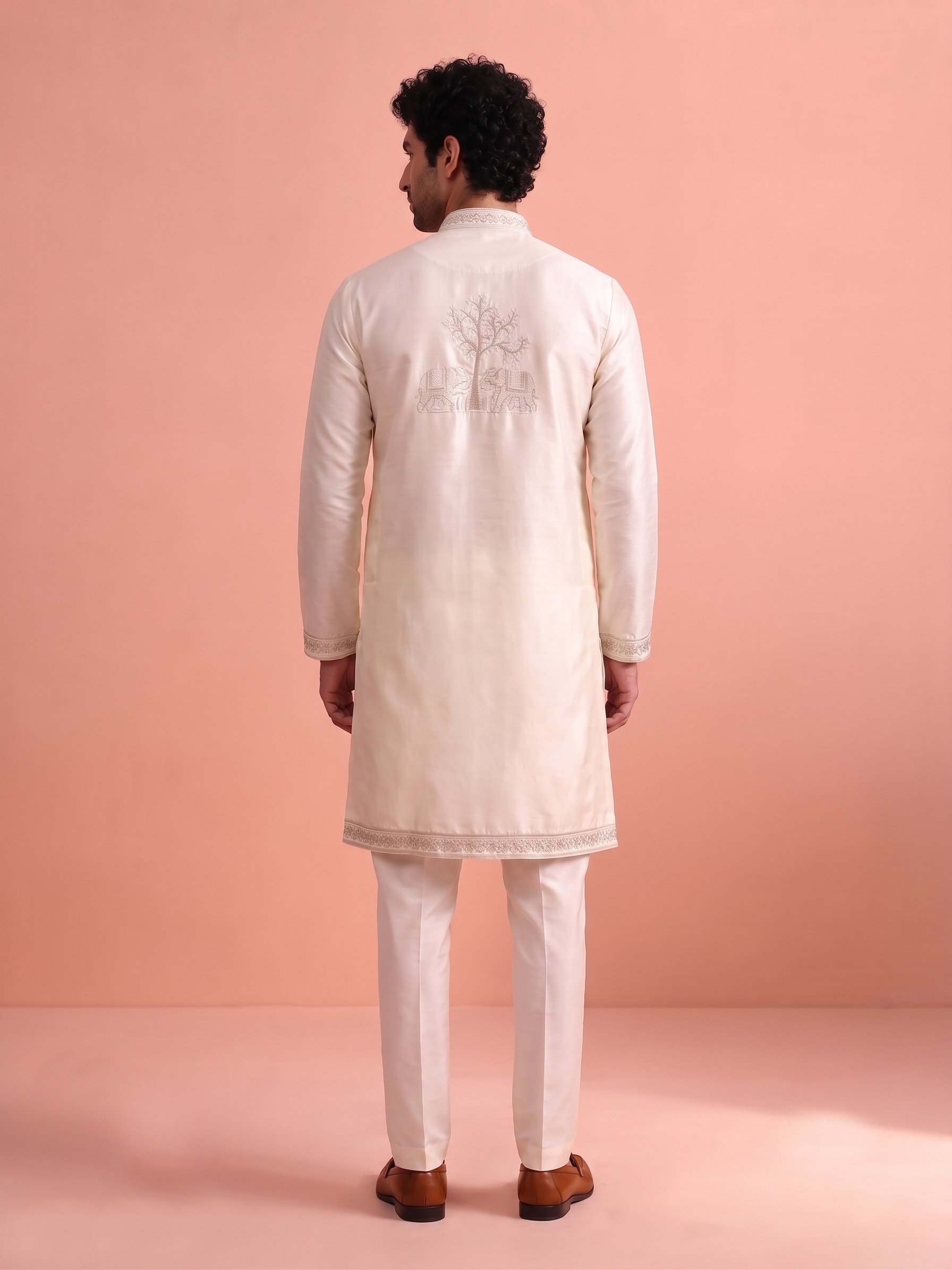 Off White Embroidered Nio Satin Kurta Trouser Set