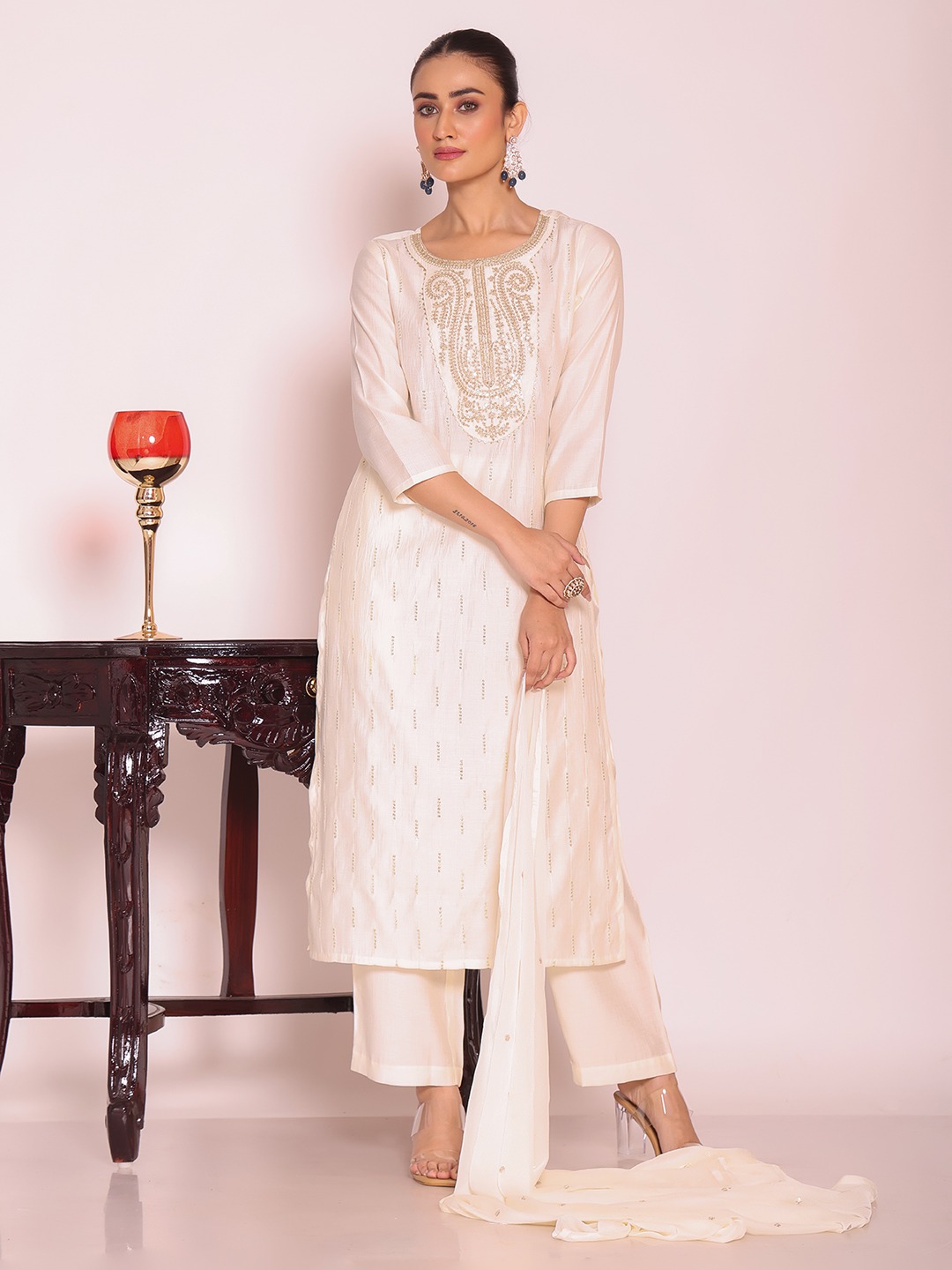 Off White Embroidered Poly Silk Salwar