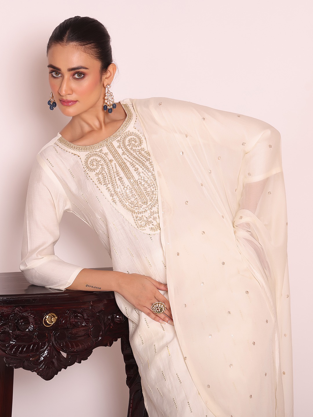 Off White Embroidered Poly Silk Salwar