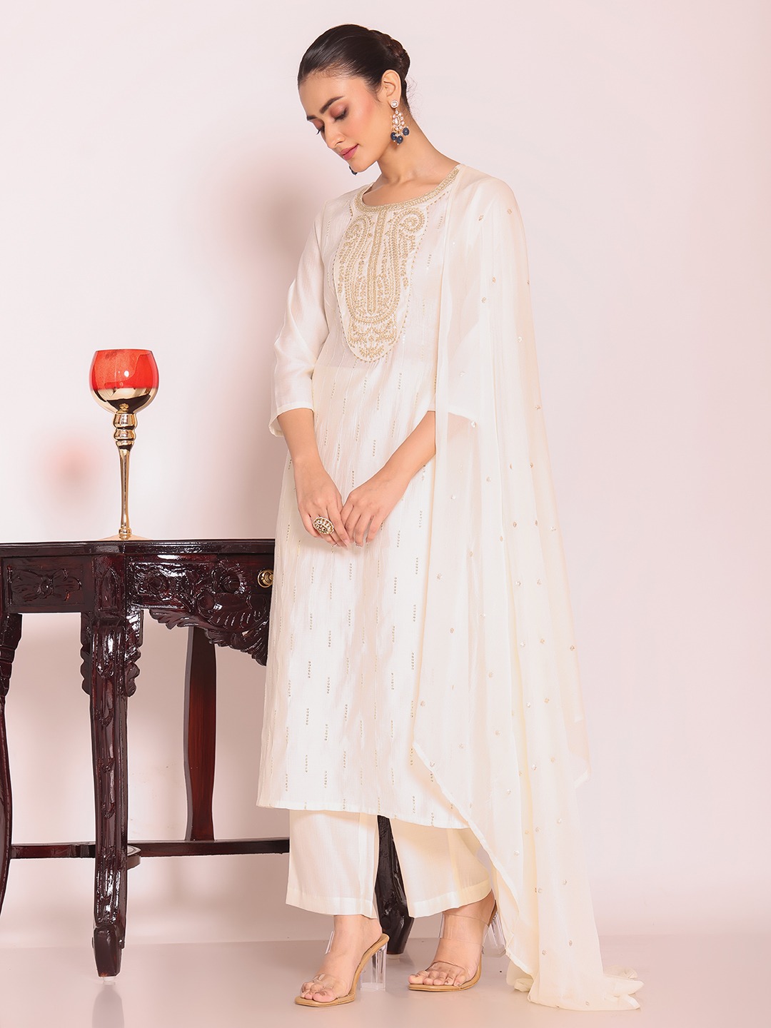 Off White Embroidered Poly Silk Salwar