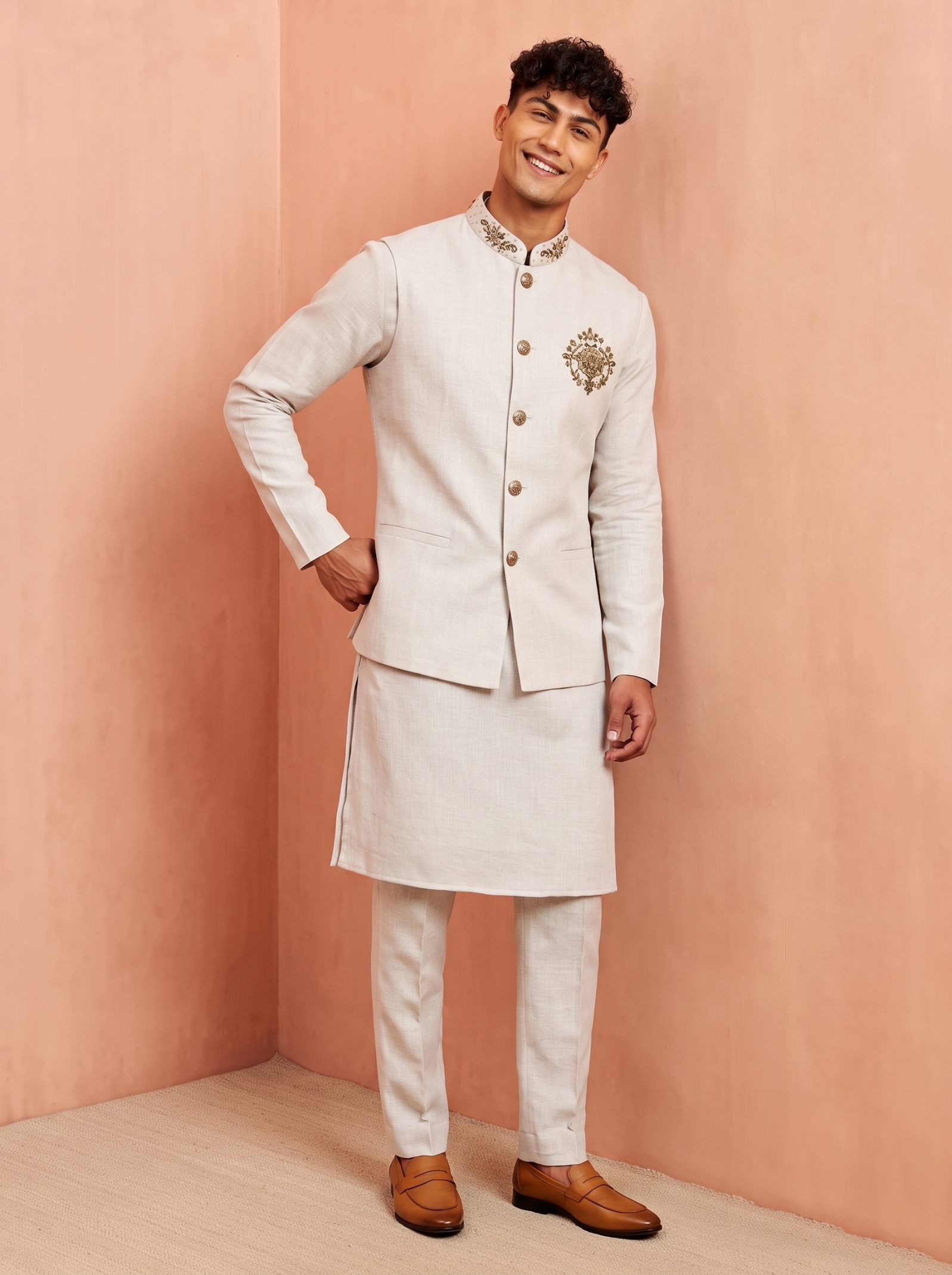 Off White Embroidery Premium Linen Jacket Kurta Pyjama