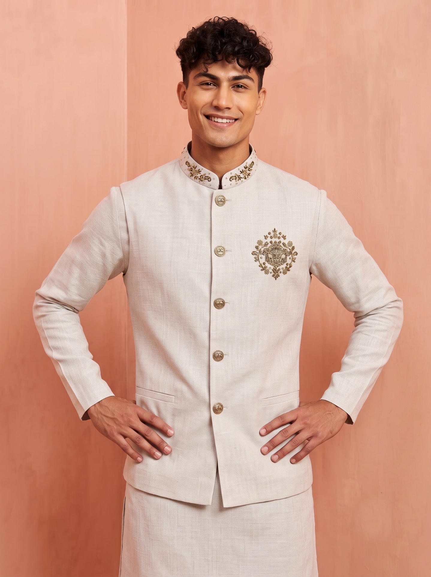 Off White Embroidery Premium Linen Jacket Kurta Pyjama