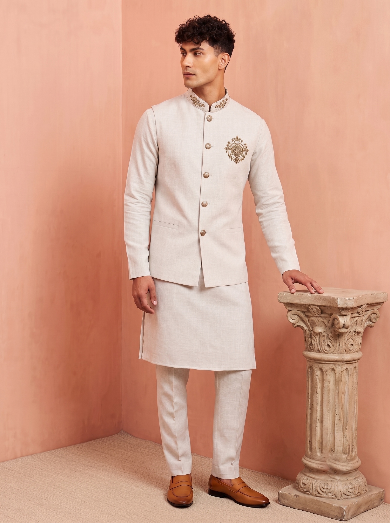 Off White Embroidery Premium Linen Jacket Kurta Pyjama