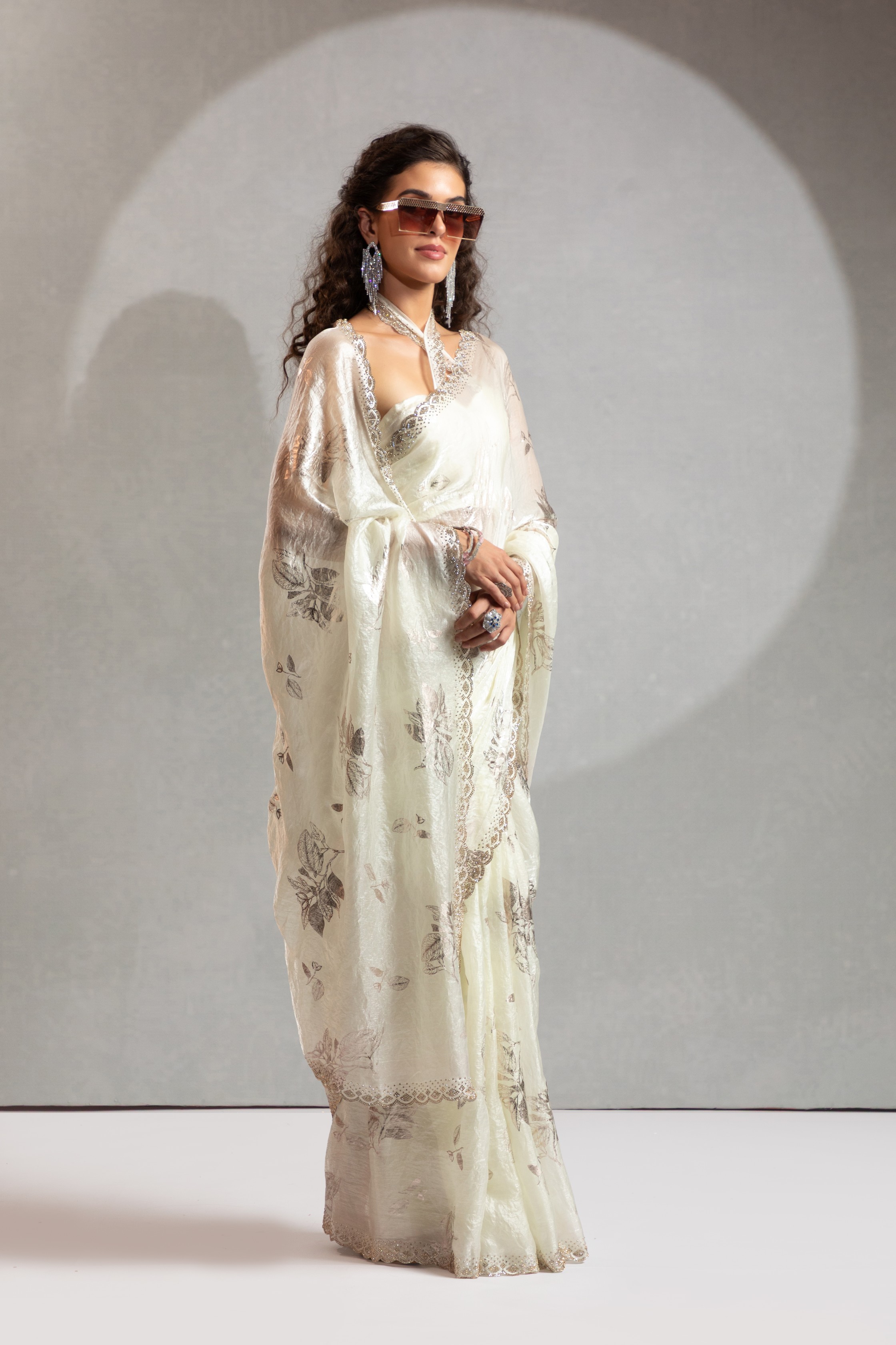 Off White Fendi Silk Two Tone Foil Embroidered Saree