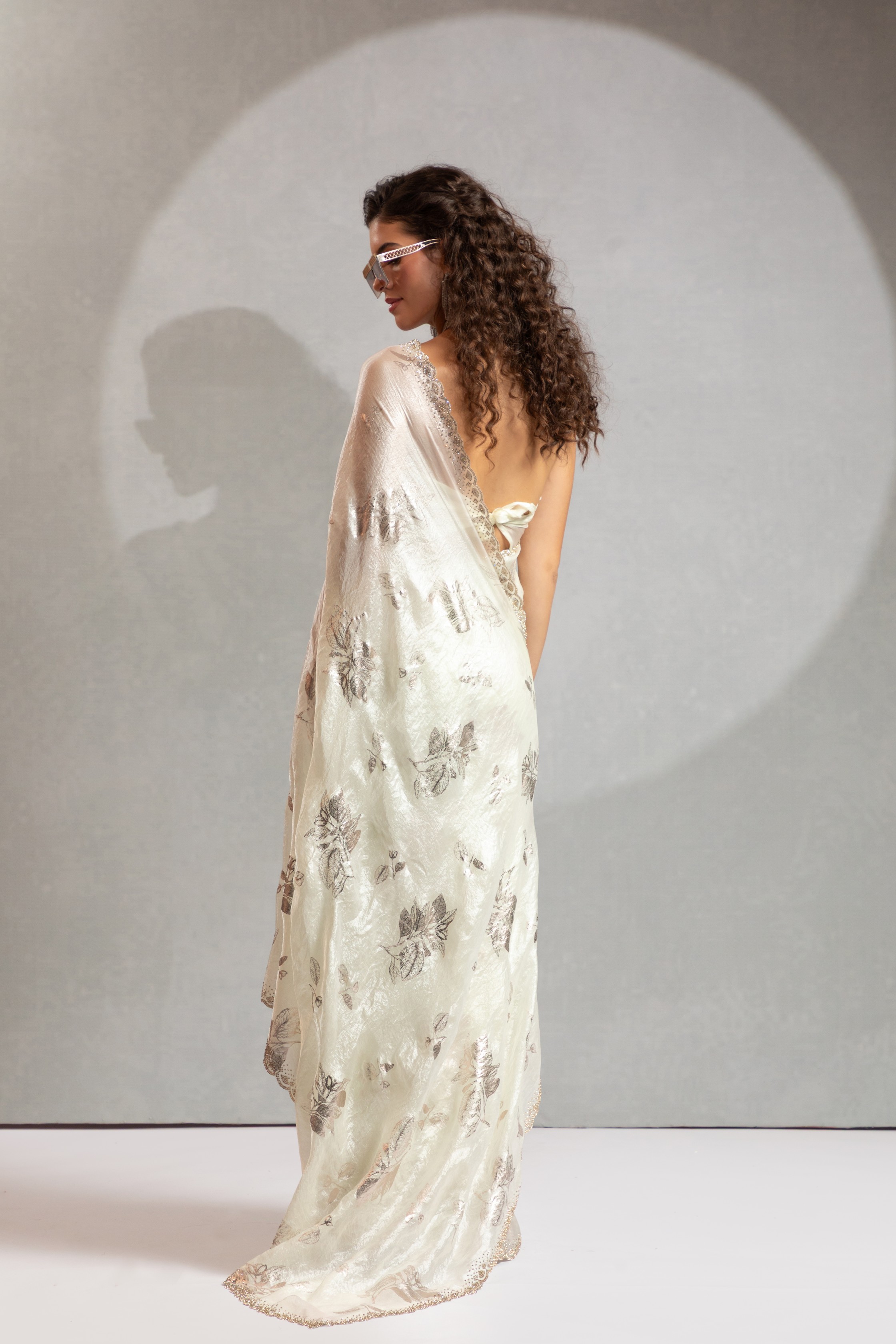 Off White Fendi Silk Two Tone Foil Embroidered Saree — alternate view