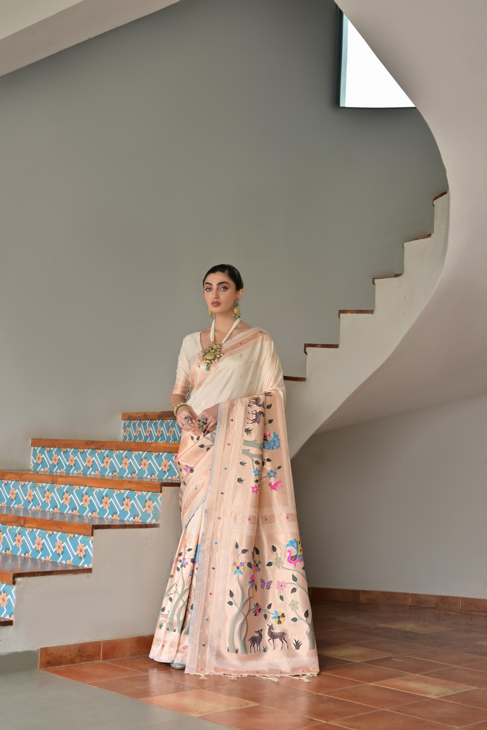 Off White Floral Banarasi Silk Saree