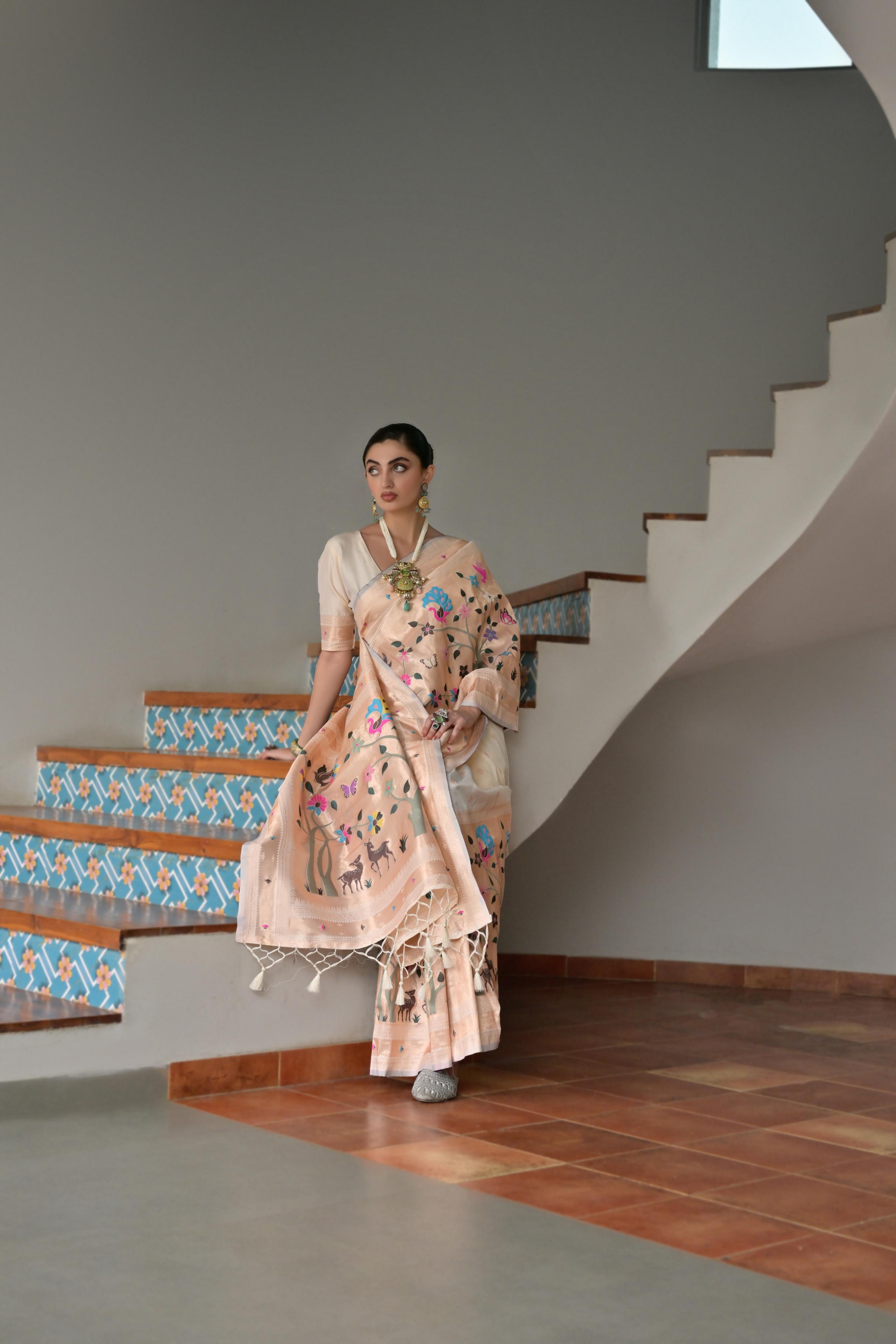 Off White Floral Banarasi Silk Saree