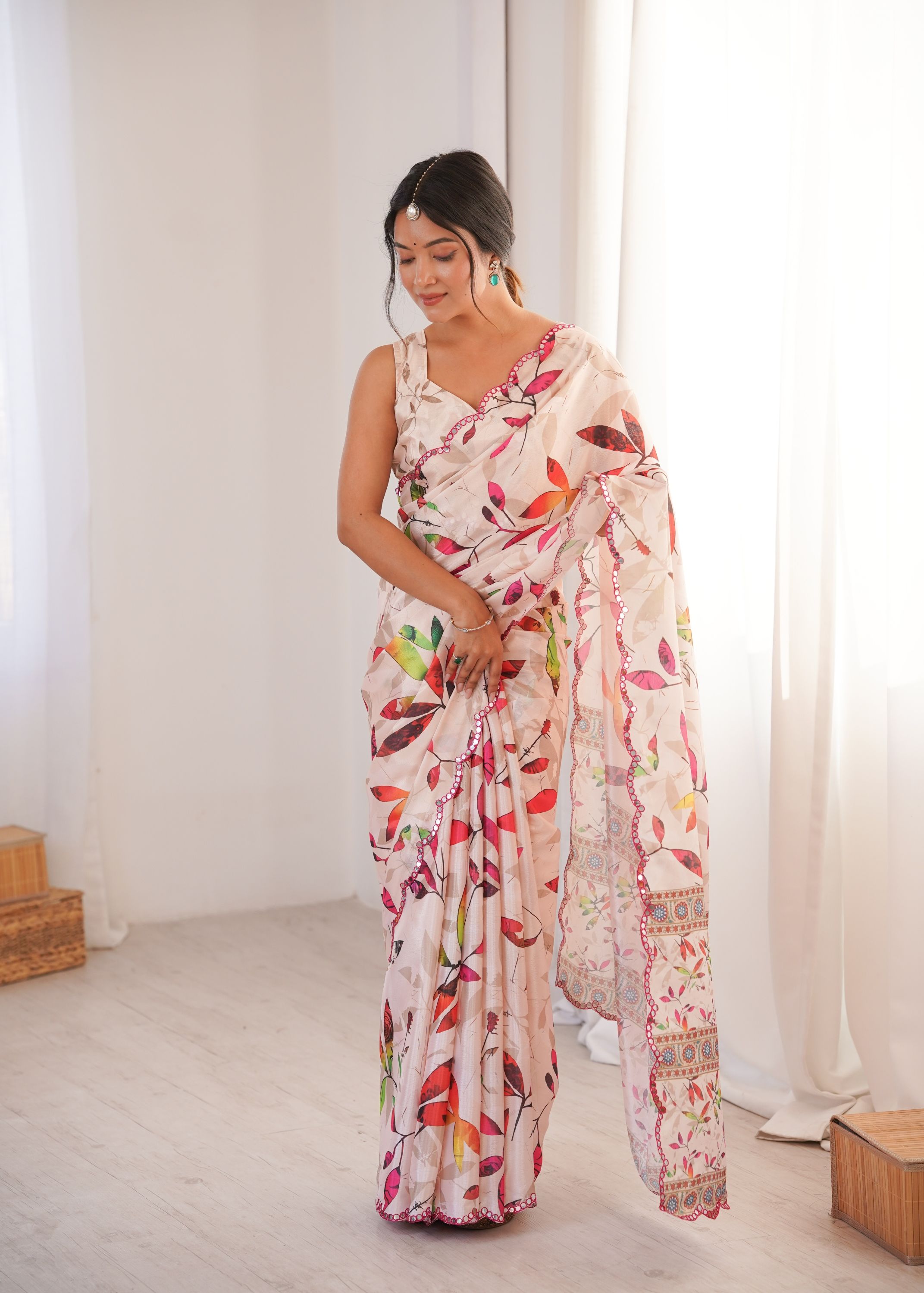 Off White Floral Chinon Printed Mirror Work Saree