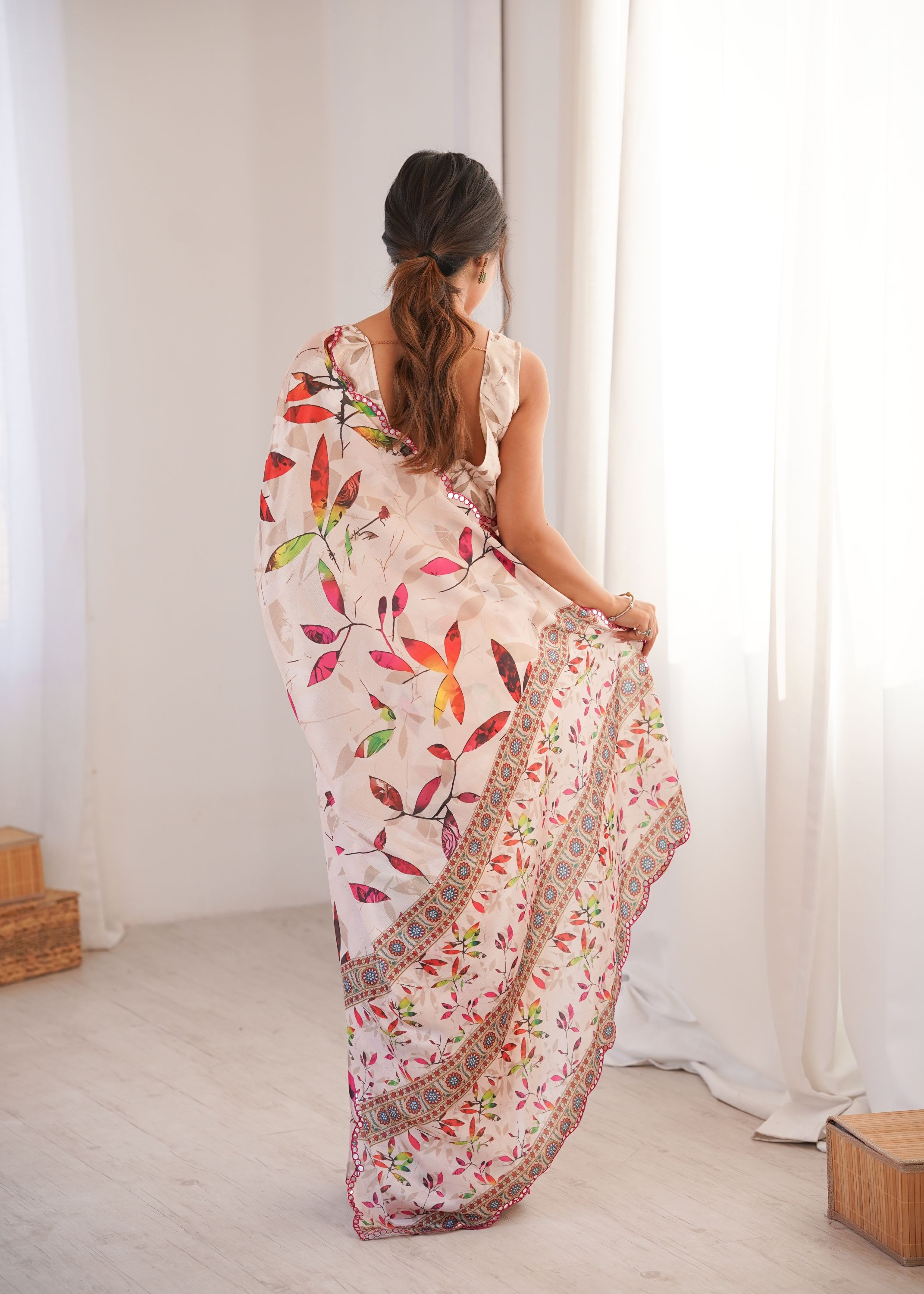 Off White Floral Chinon Printed Mirror Work Saree — alternate view