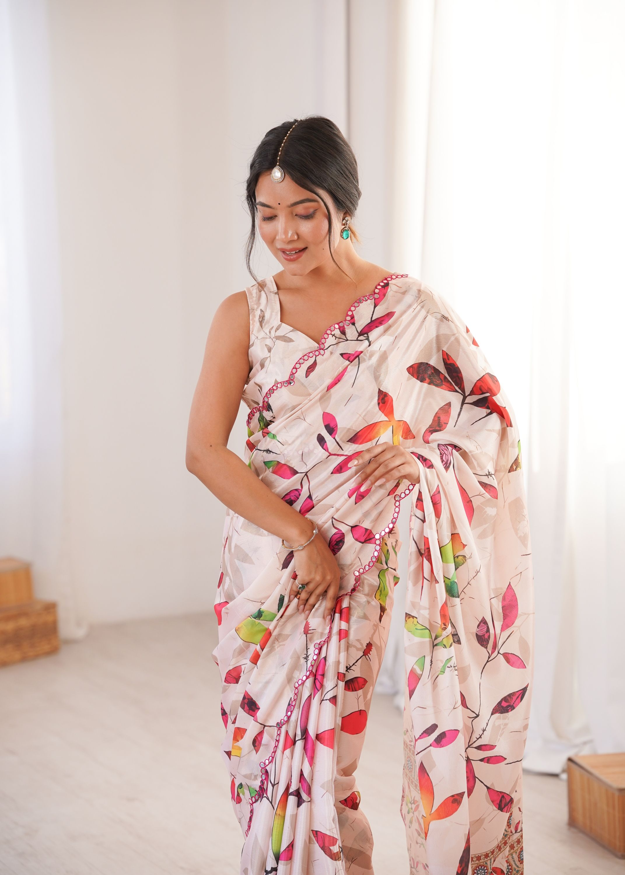 Off White Floral Chinon Printed Mirror Work Saree