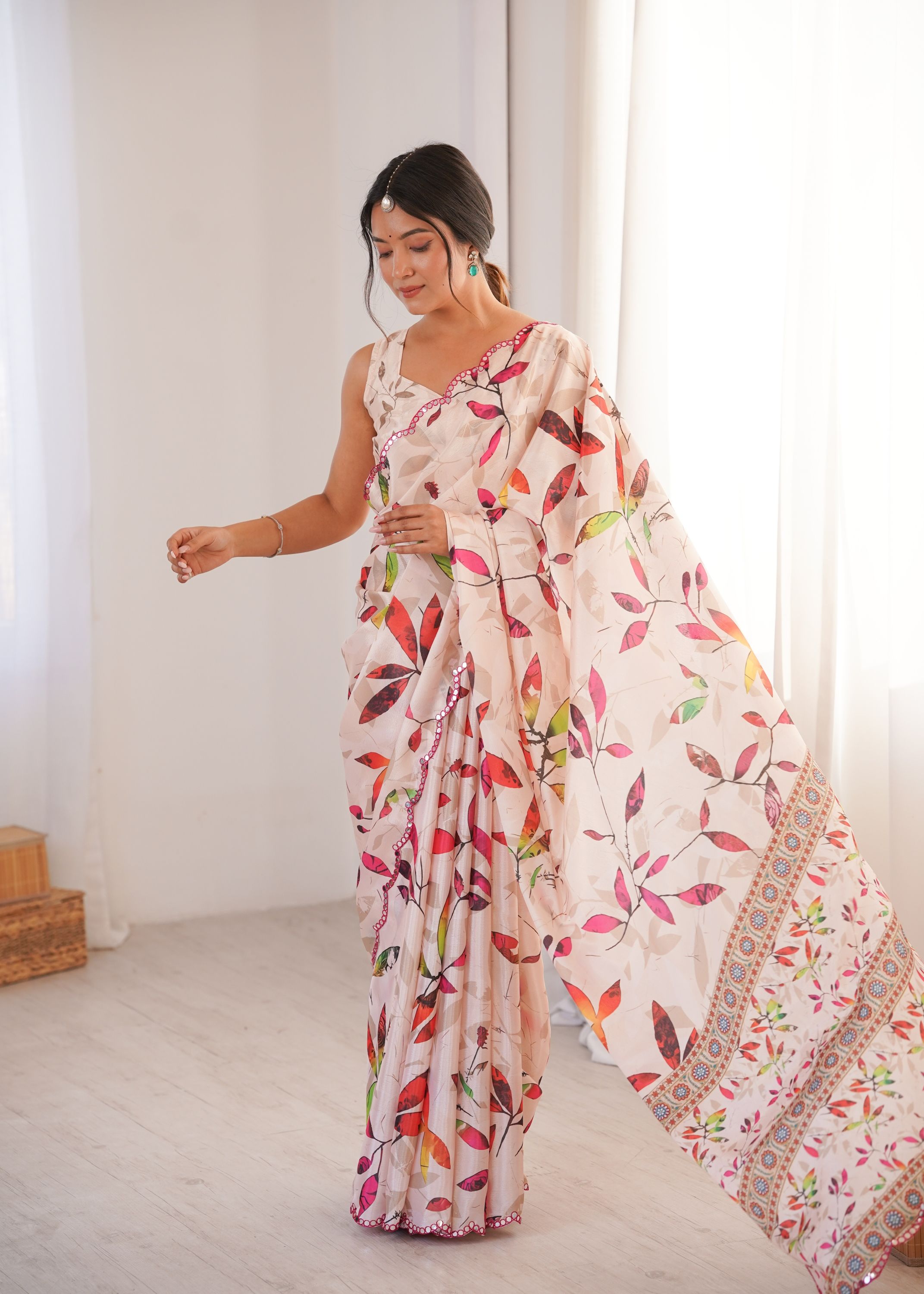 Off White Floral Chinon Printed Mirror Work Saree