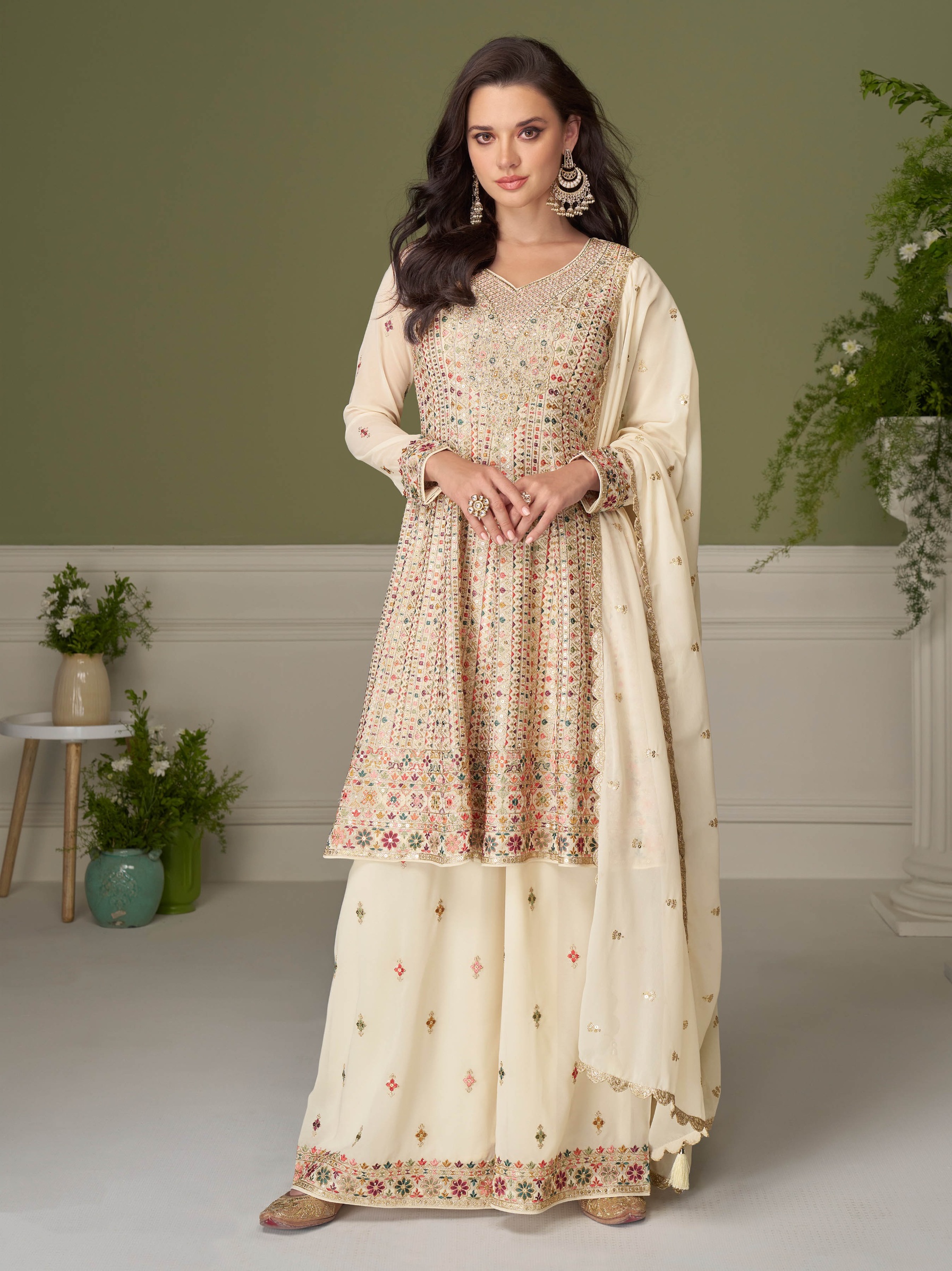 Off White Floral Designer Embroidery Georgette Palazzo Suit