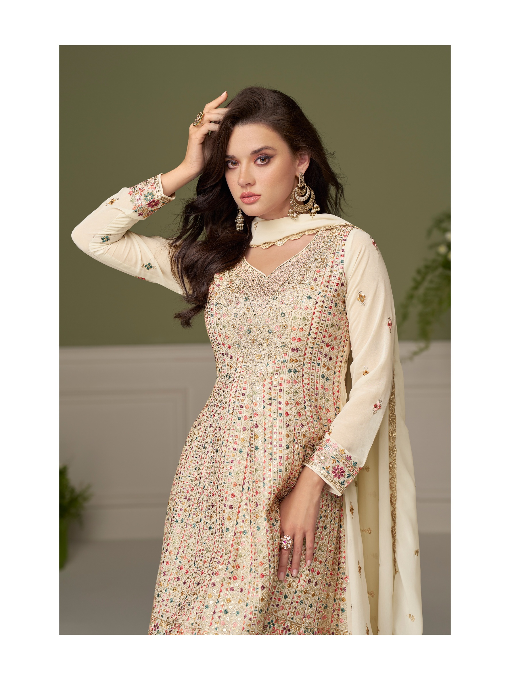 Off White Floral Designer Embroidery Georgette Palazzo Suit — alternate view