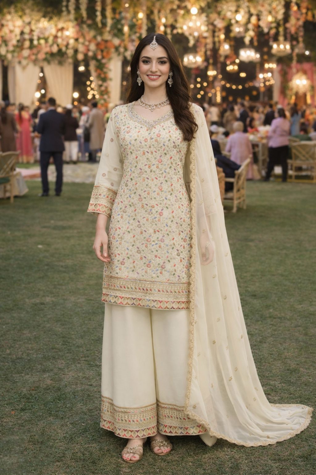 Off White Floral Designer Georgette Palazzo Suit