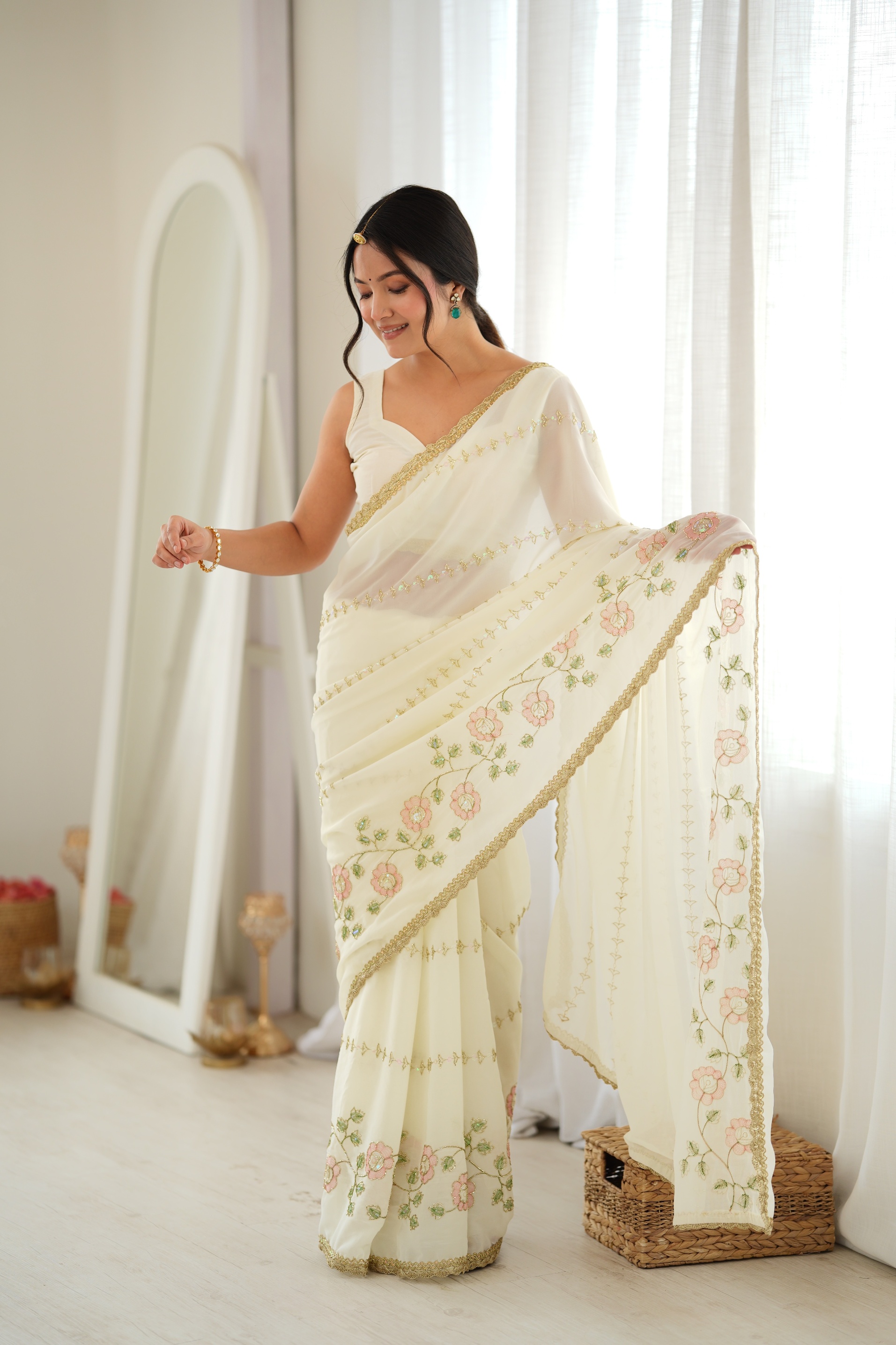 Off White Floral Embroidered Star Georgette Saree