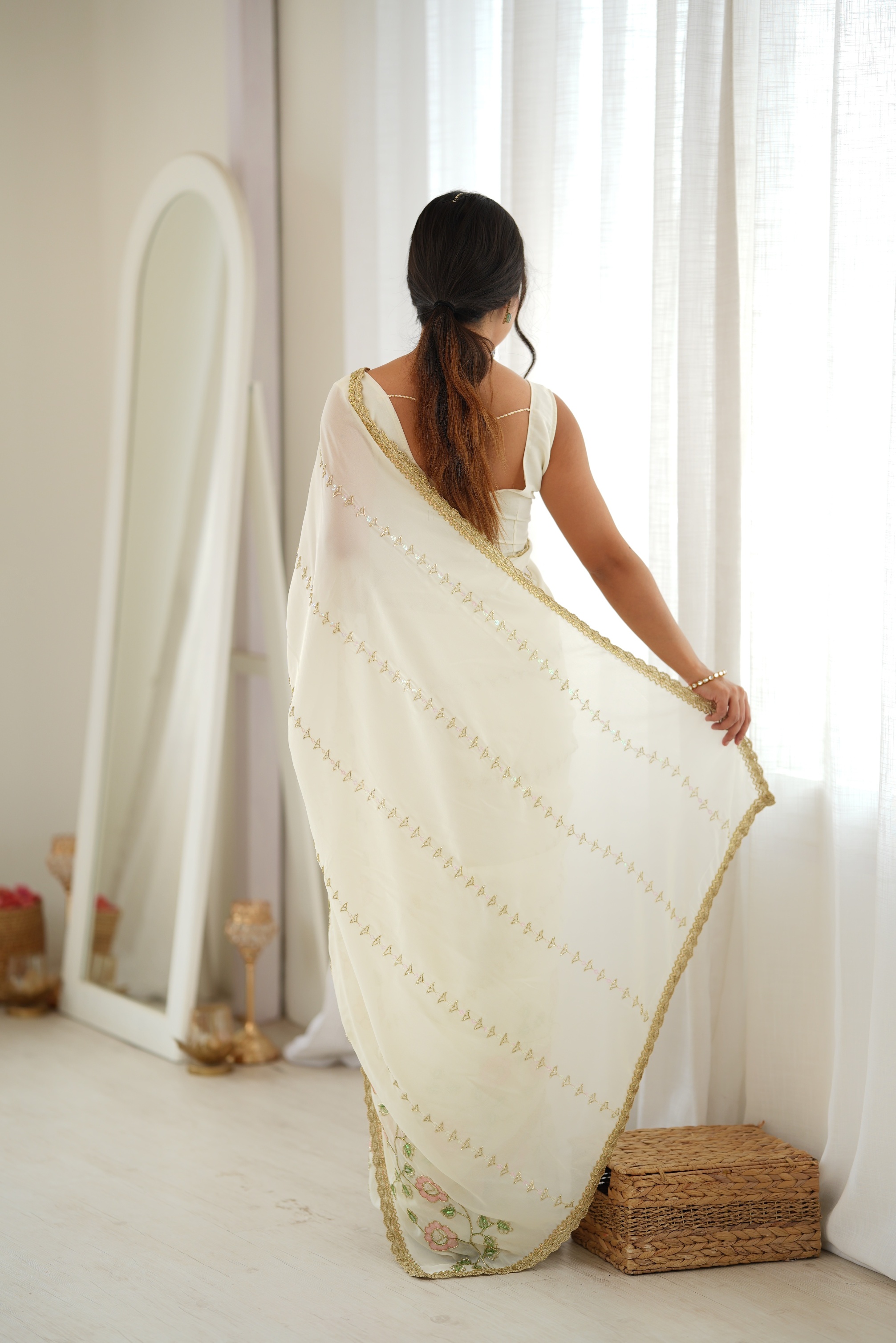 Off White Floral Embroidered Star Georgette Saree — alternate view