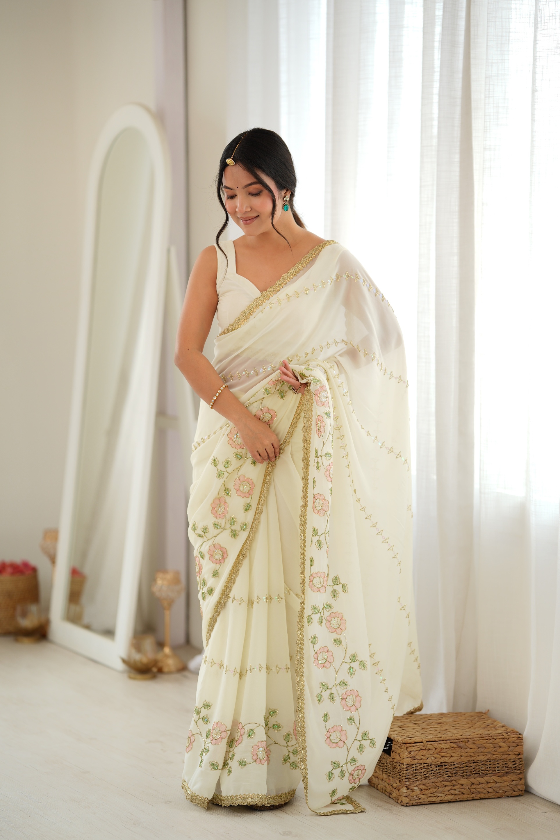 Off White Floral Embroidered Star Georgette Saree
