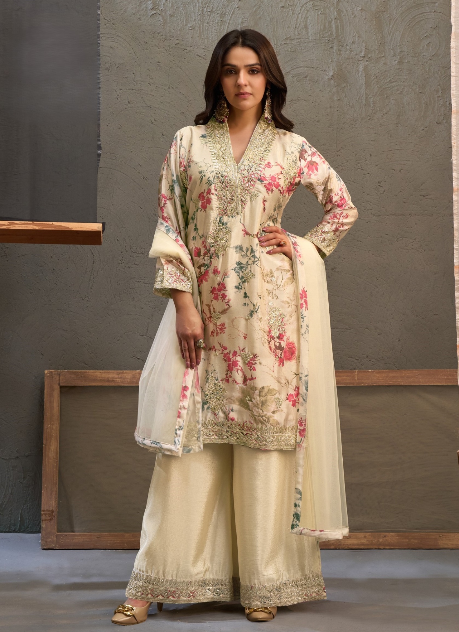 Off White Floral Embroidery Chinon Palazzo Suit