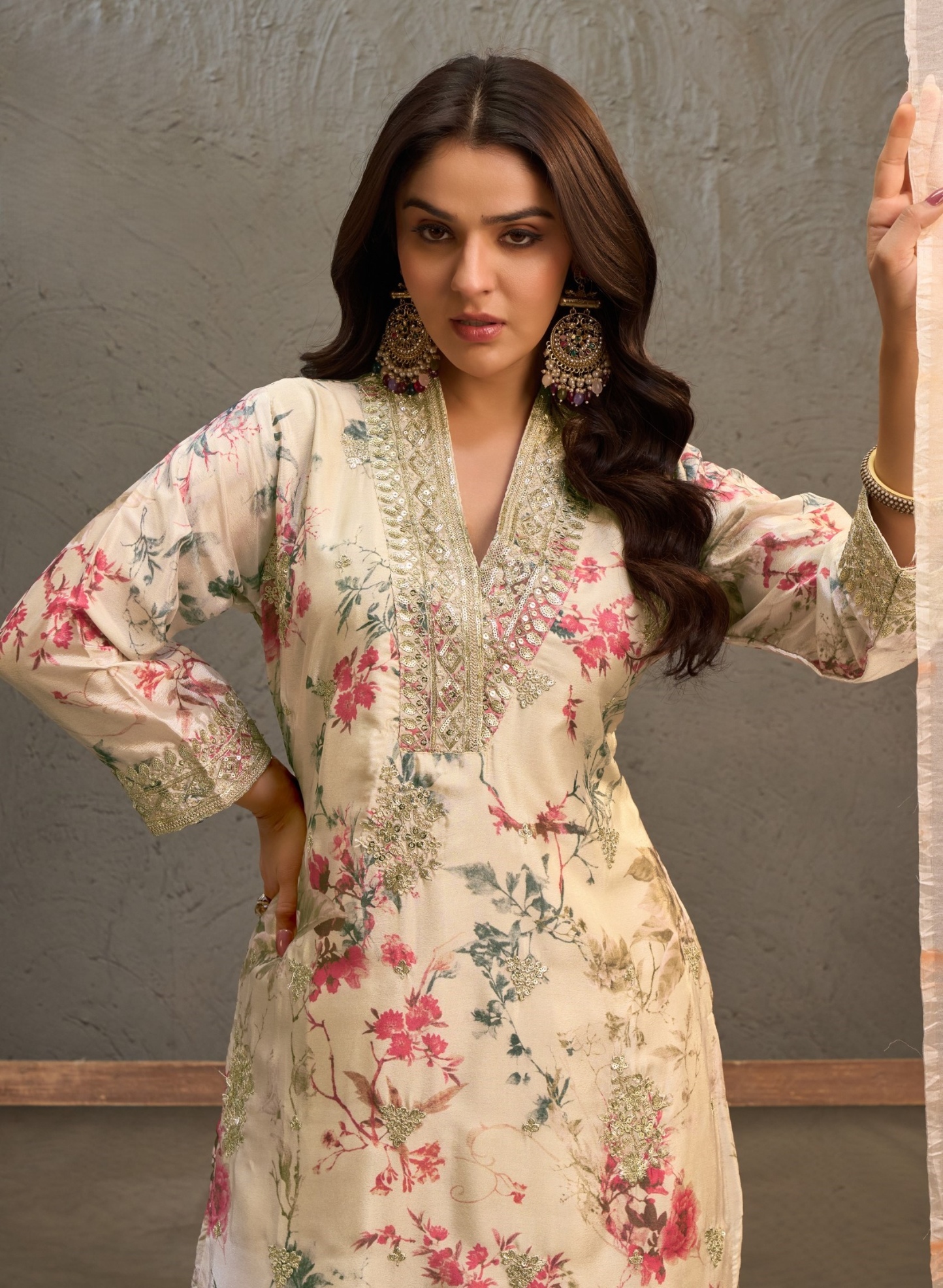 Off White Floral Embroidery Chinon Palazzo Suit — alternate view