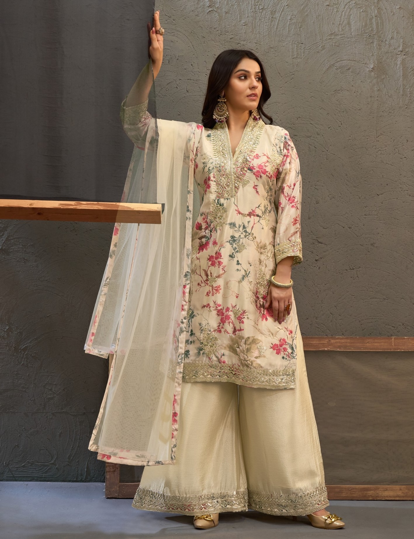 Off White Floral Embroidery Chinon Palazzo Suit
