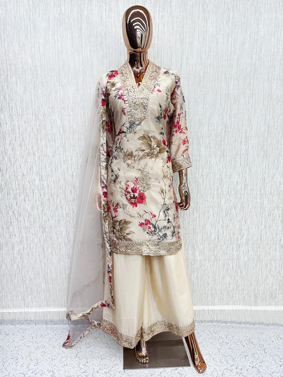 Off White Floral Embroidery Chinon Palazzo Suit