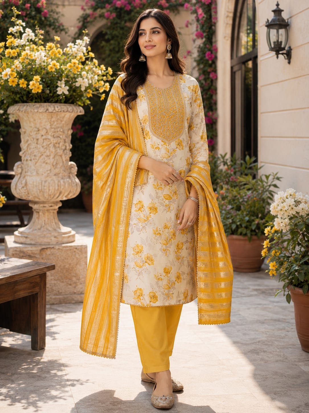 Off White Floral Embroidery Shimmer Mustard Straight Suit