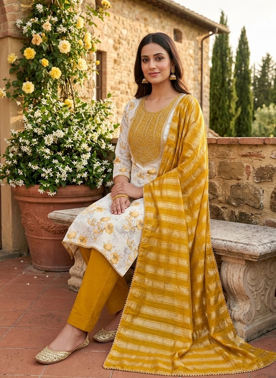 Off White Floral Embroidery Shimmer Mustard Straight Suit — alternate view