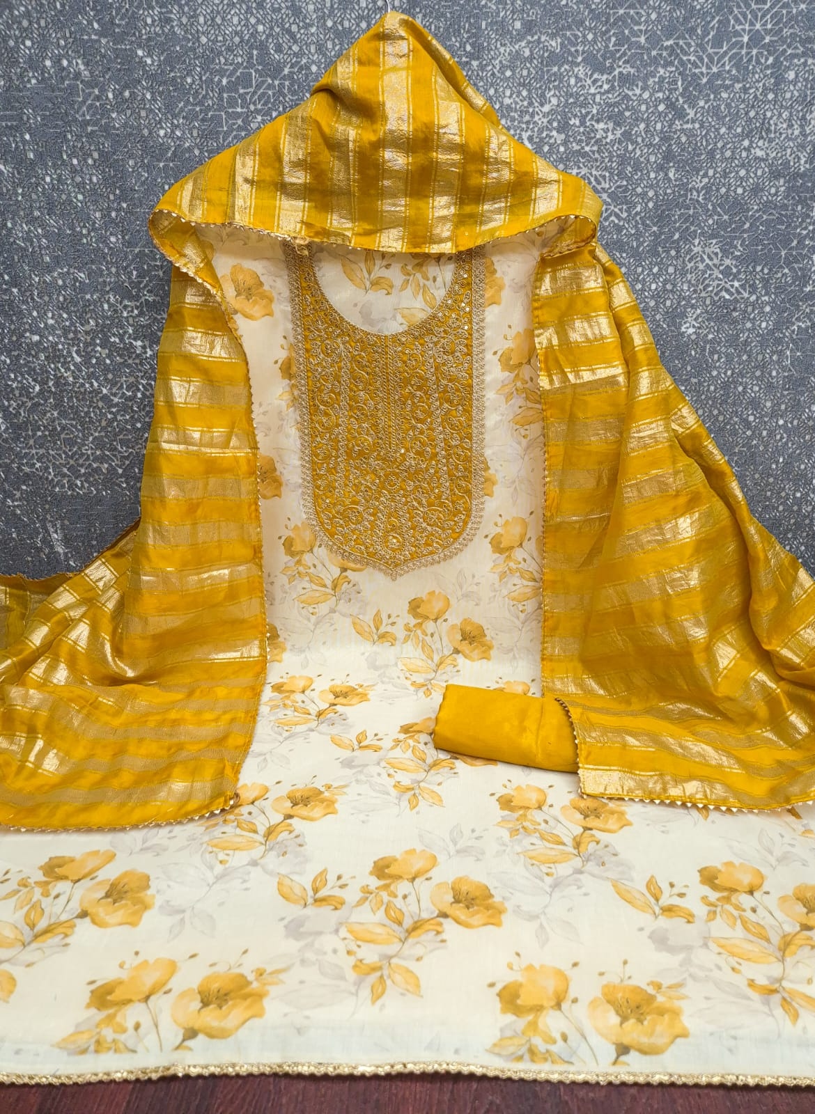 Off White Floral Embroidery Shimmer Mustard Straight Suit