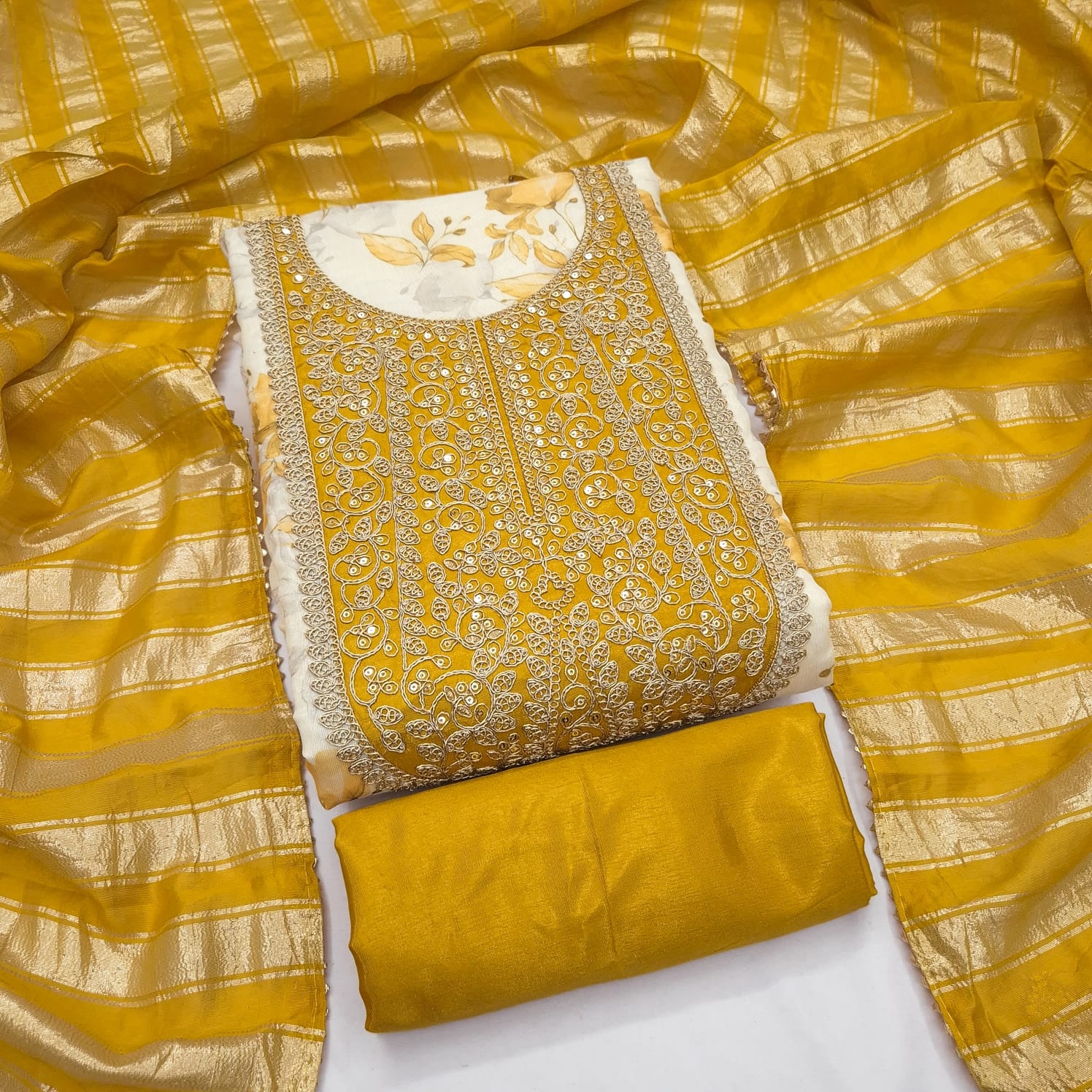 Off White Floral Embroidery Shimmer Mustard Straight Suit