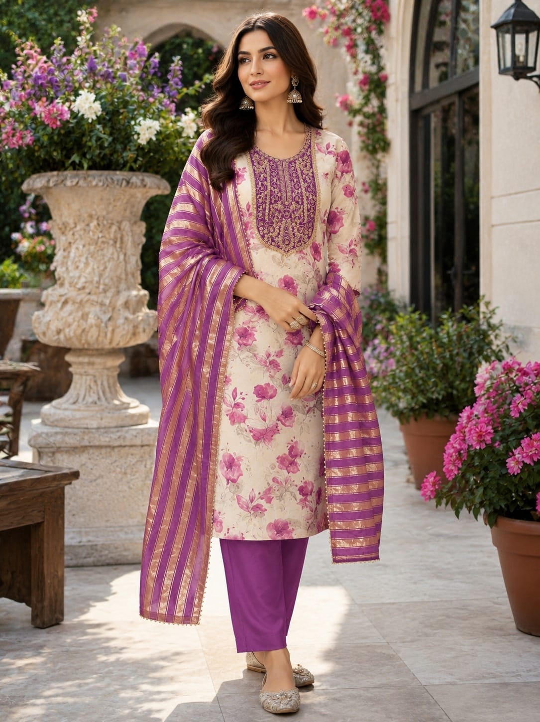 Off White Floral Embroidery Shimmer Purple Straight Suit