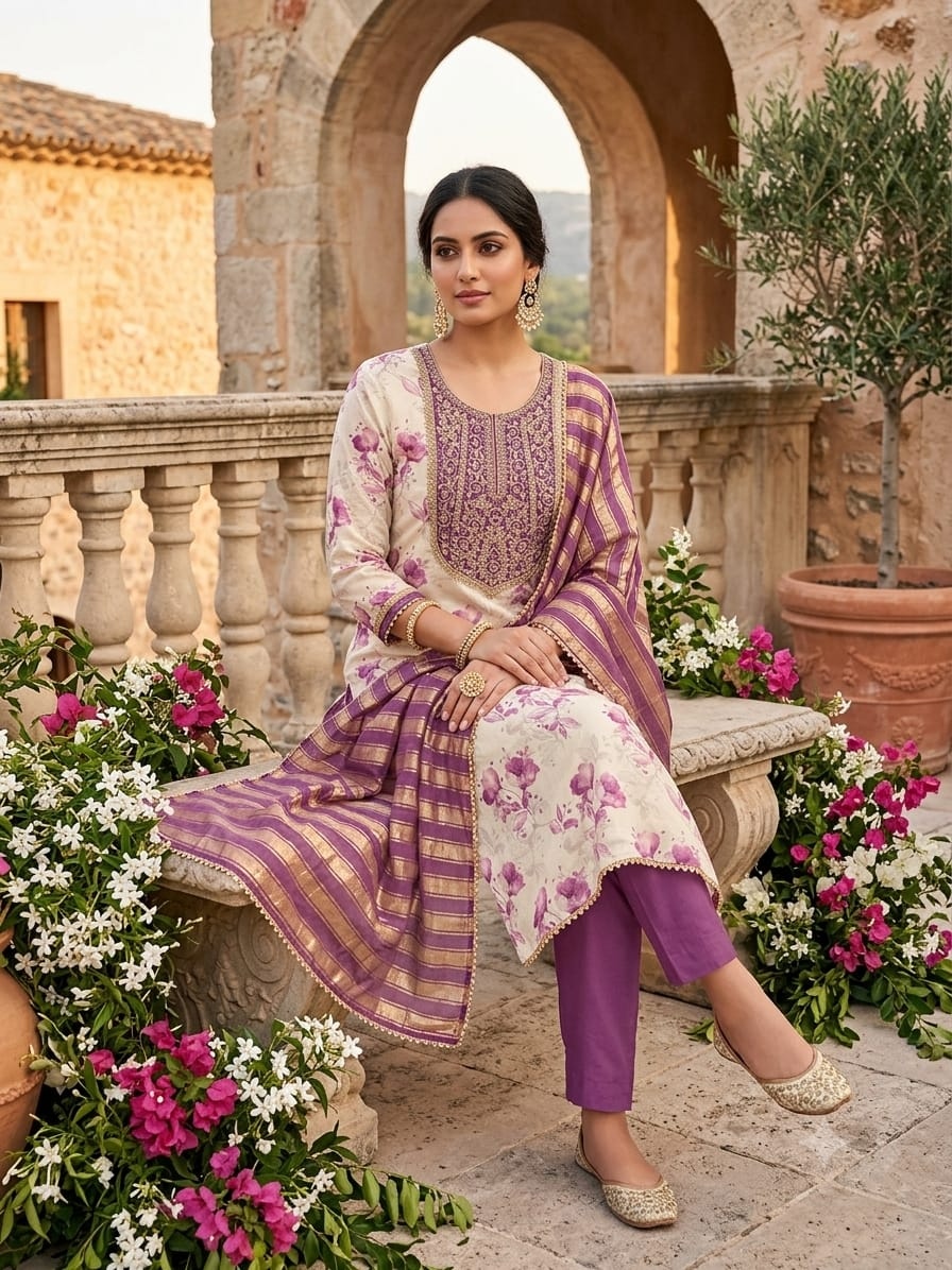 Off White Floral Embroidery Shimmer Purple Straight Suit — alternate view