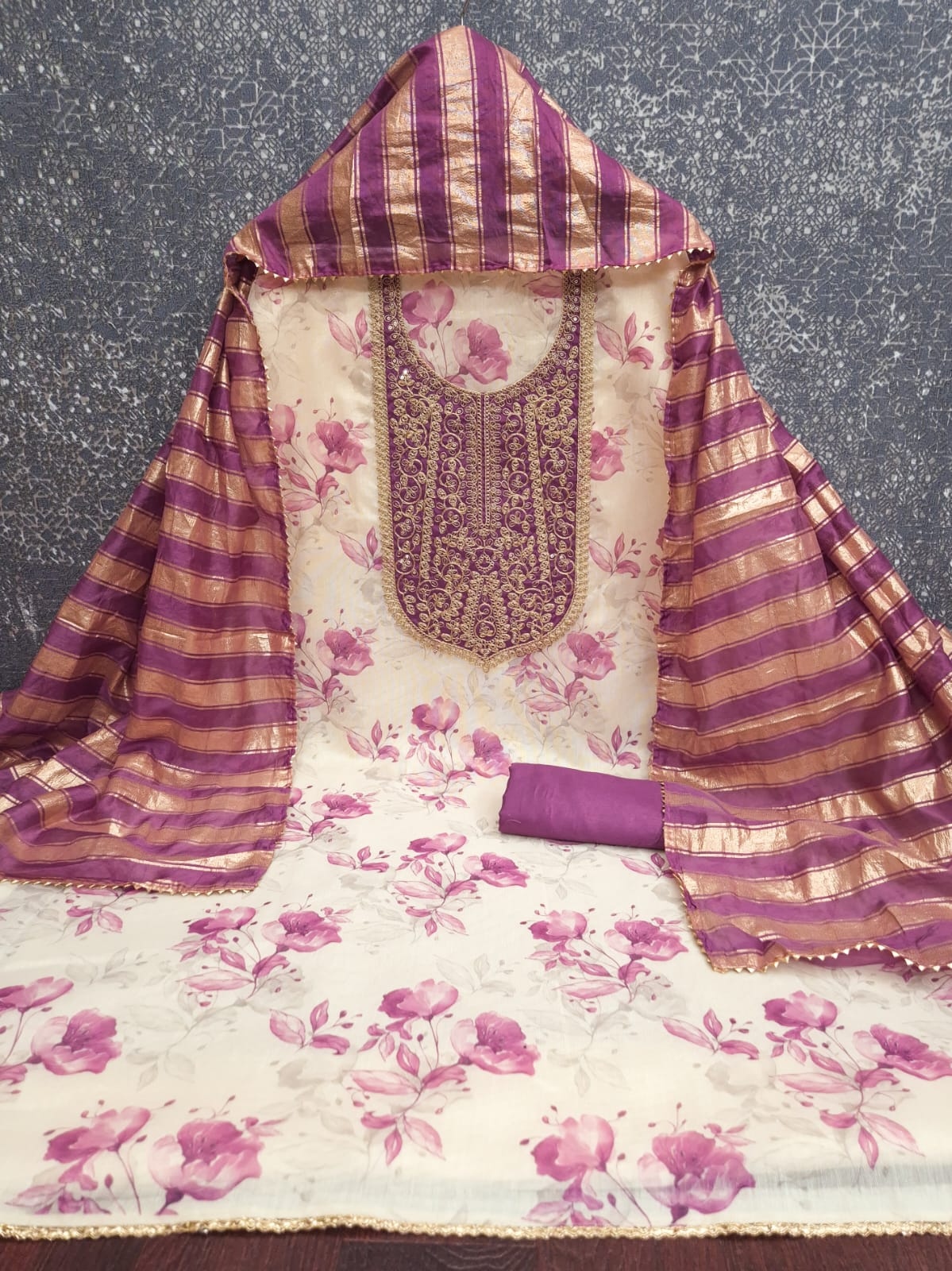 Off White Floral Embroidery Shimmer Purple Straight Suit