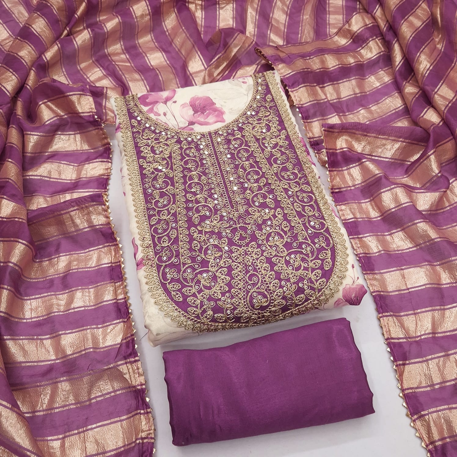 Off White Floral Embroidery Shimmer Purple Straight Suit