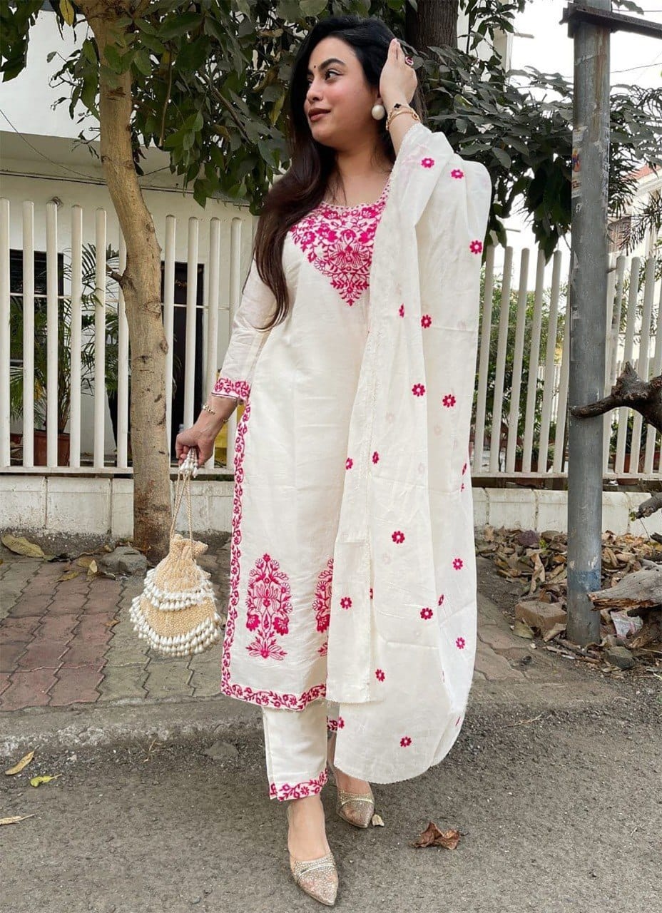Off White Floral Embroidery Silk Straight Suit
