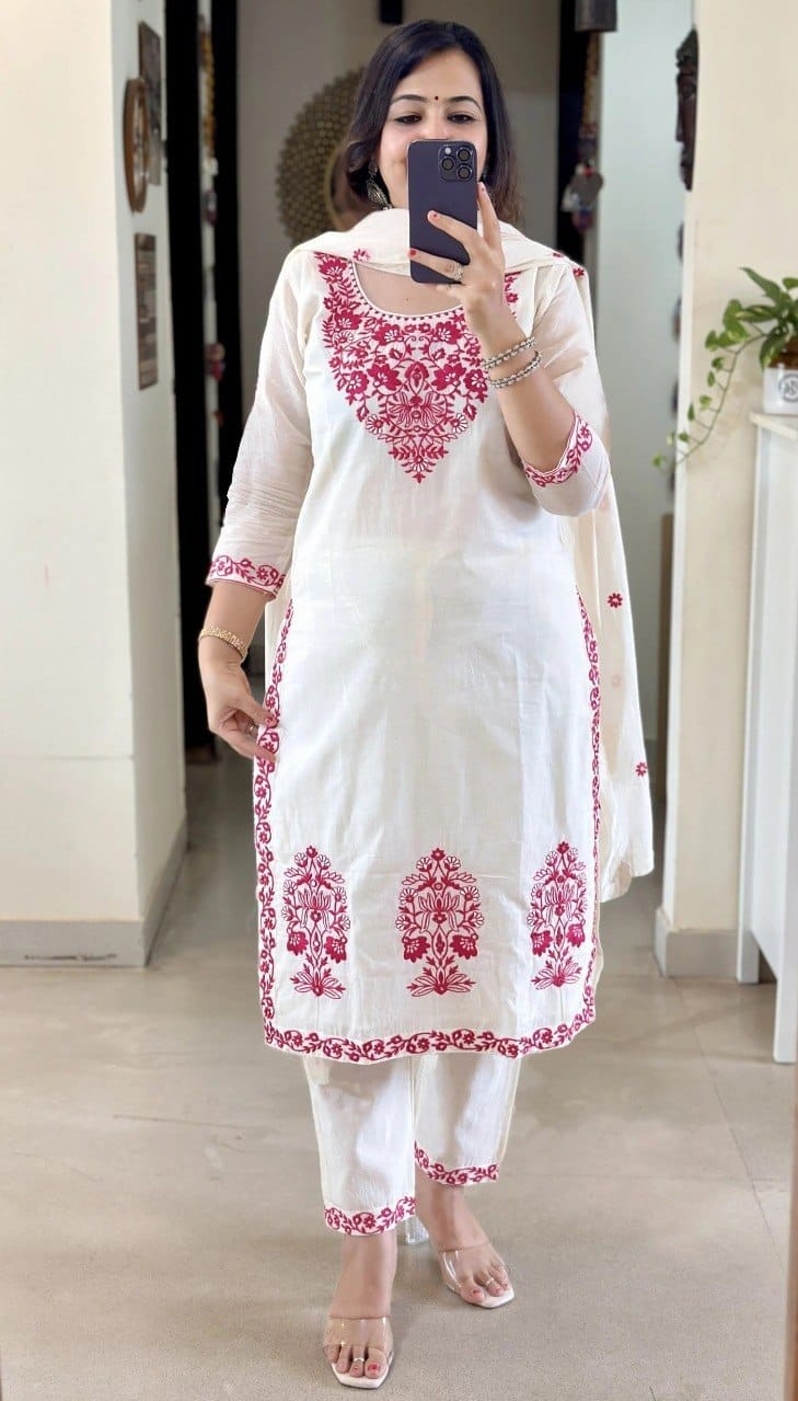 Off White Floral Embroidery Silk Straight Suit