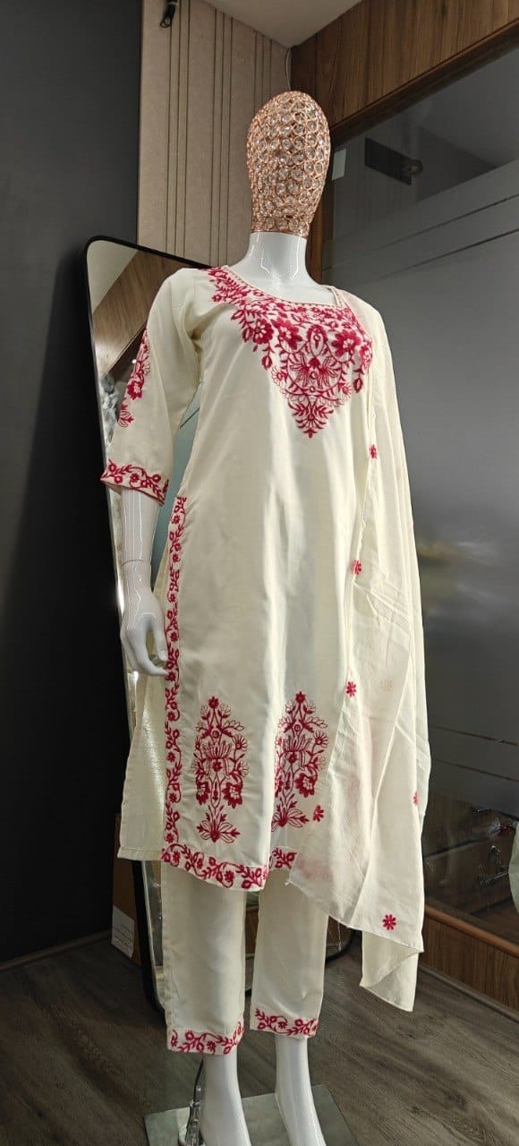 Off White Floral Embroidery Silk Straight Suit