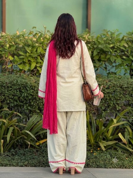 Off White Floral Hand Work Cotton Straight Suit — alternate view