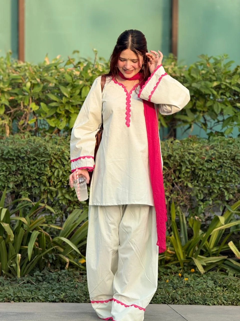 Off White Floral Hand Work Cotton Straight Suit