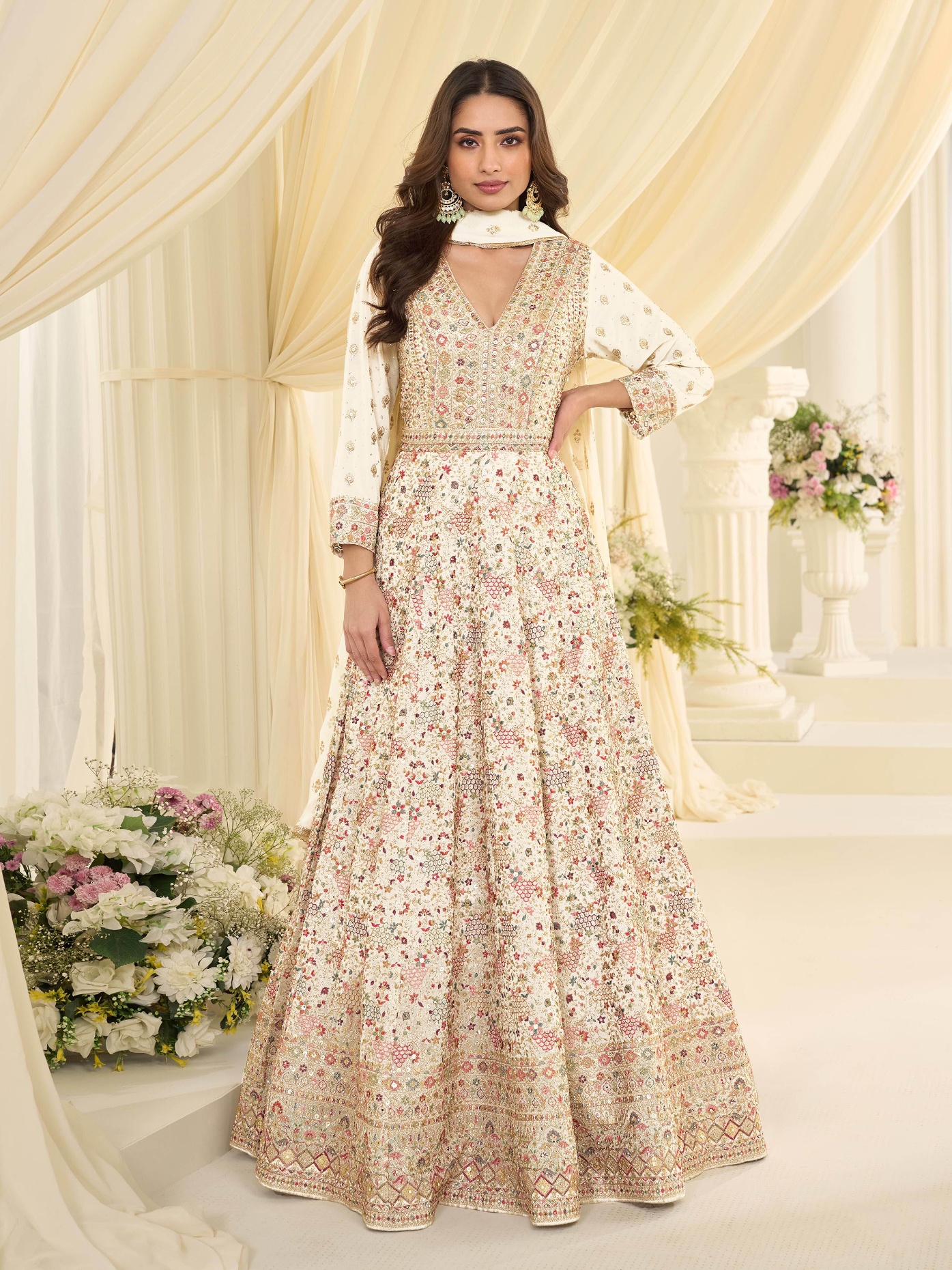 Off White Floral Heavy Embroidery Georgette Anarkali Gown