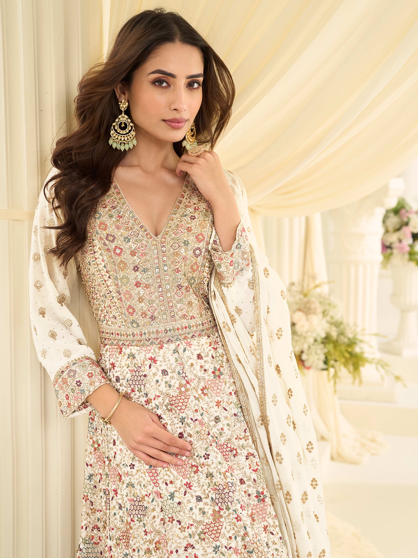 Off White Floral Heavy Embroidery Georgette Anarkali Gown — alternate view