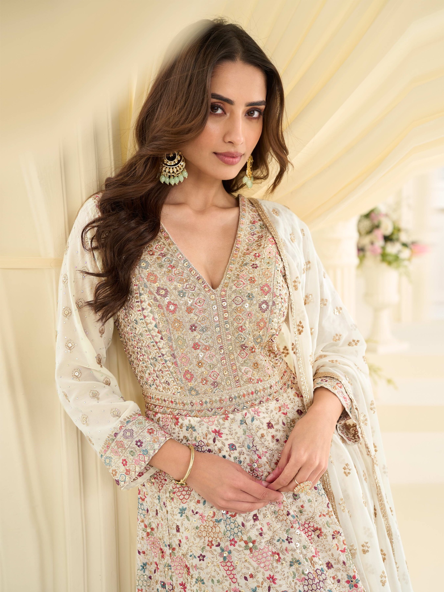 Off White Floral Heavy Embroidery Georgette Anarkali Gown